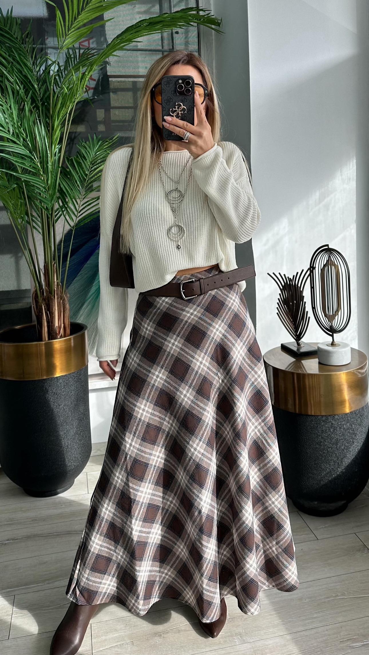 Ekose Desenli Uzun Etek 