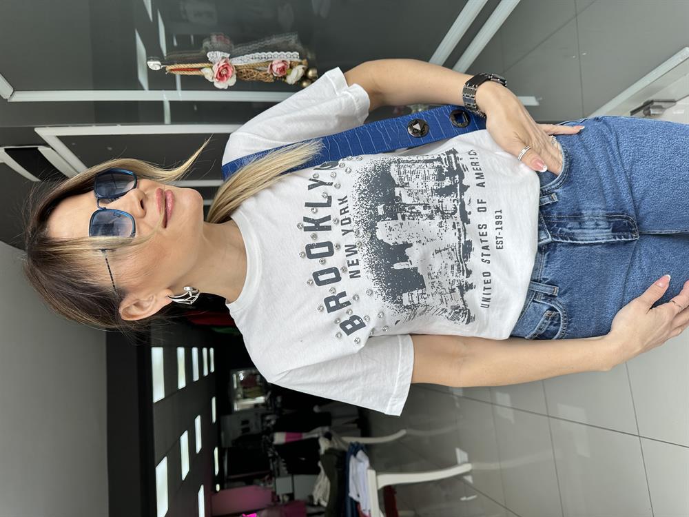 FC Broklyn Beyaz Taşlı Tshirt