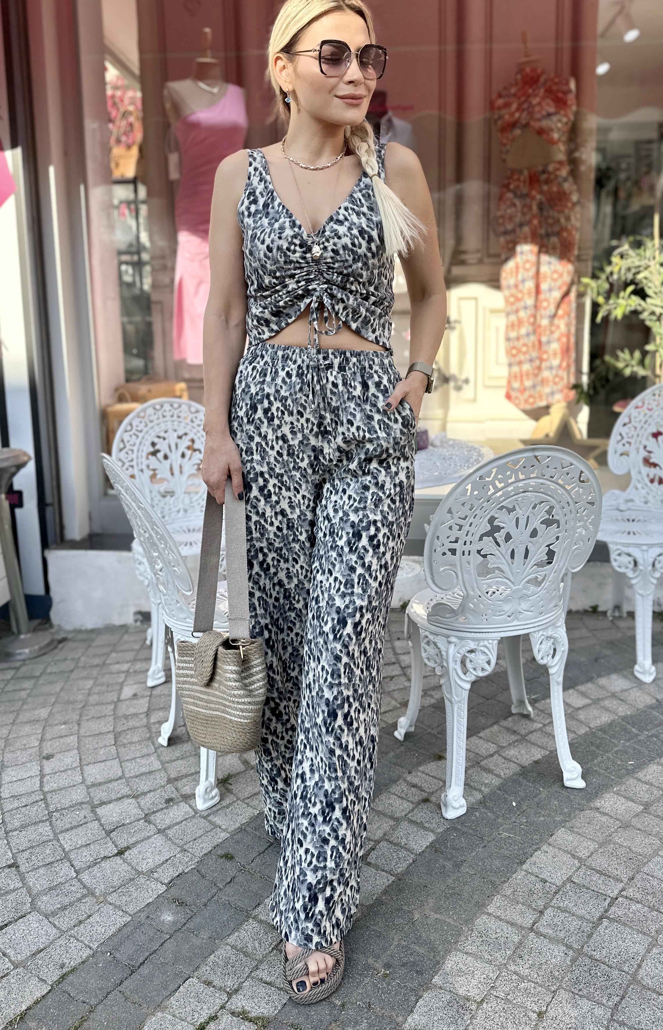 Füme Leopar Desenli Pantolon 