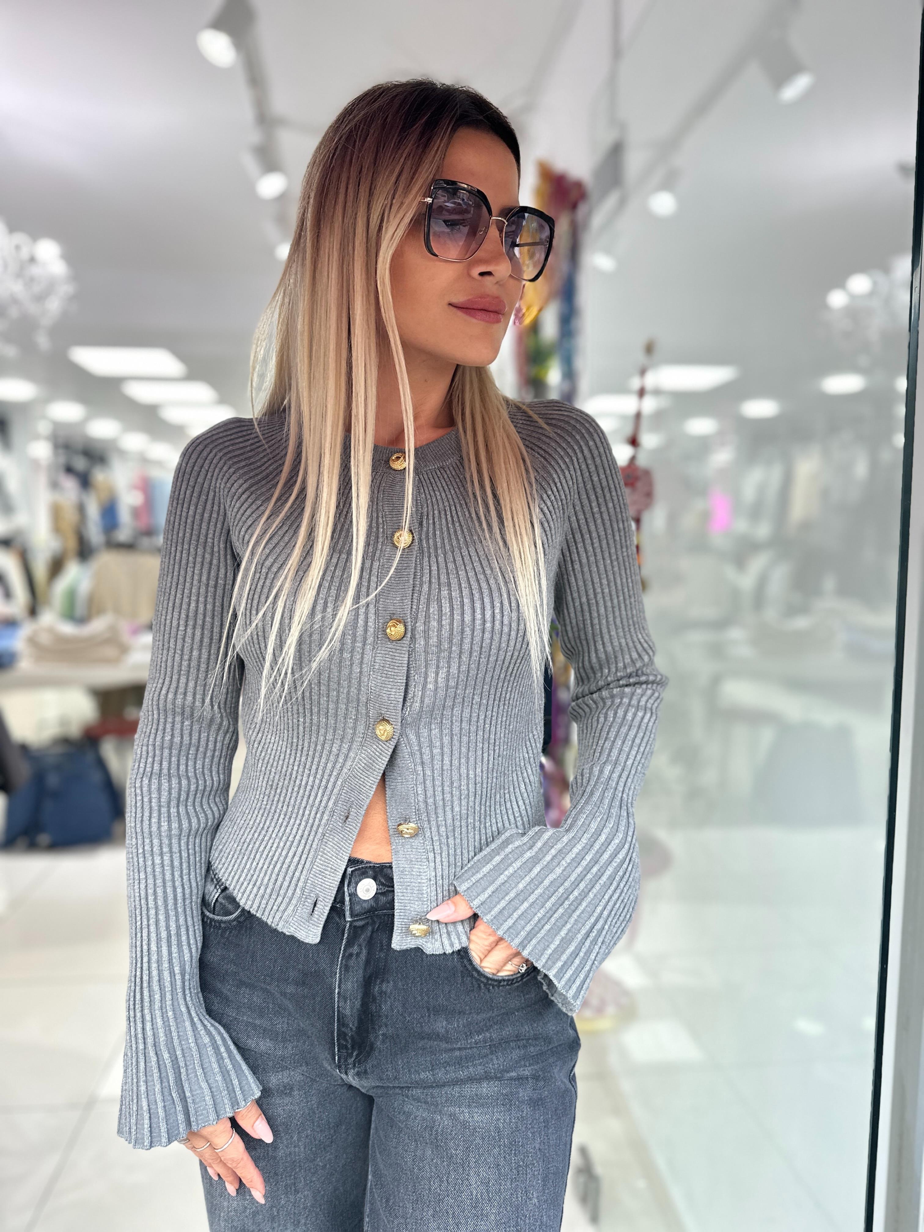 Gri Bisiklet Yaka Düğmeli İspanyol Kol Triko Hırka