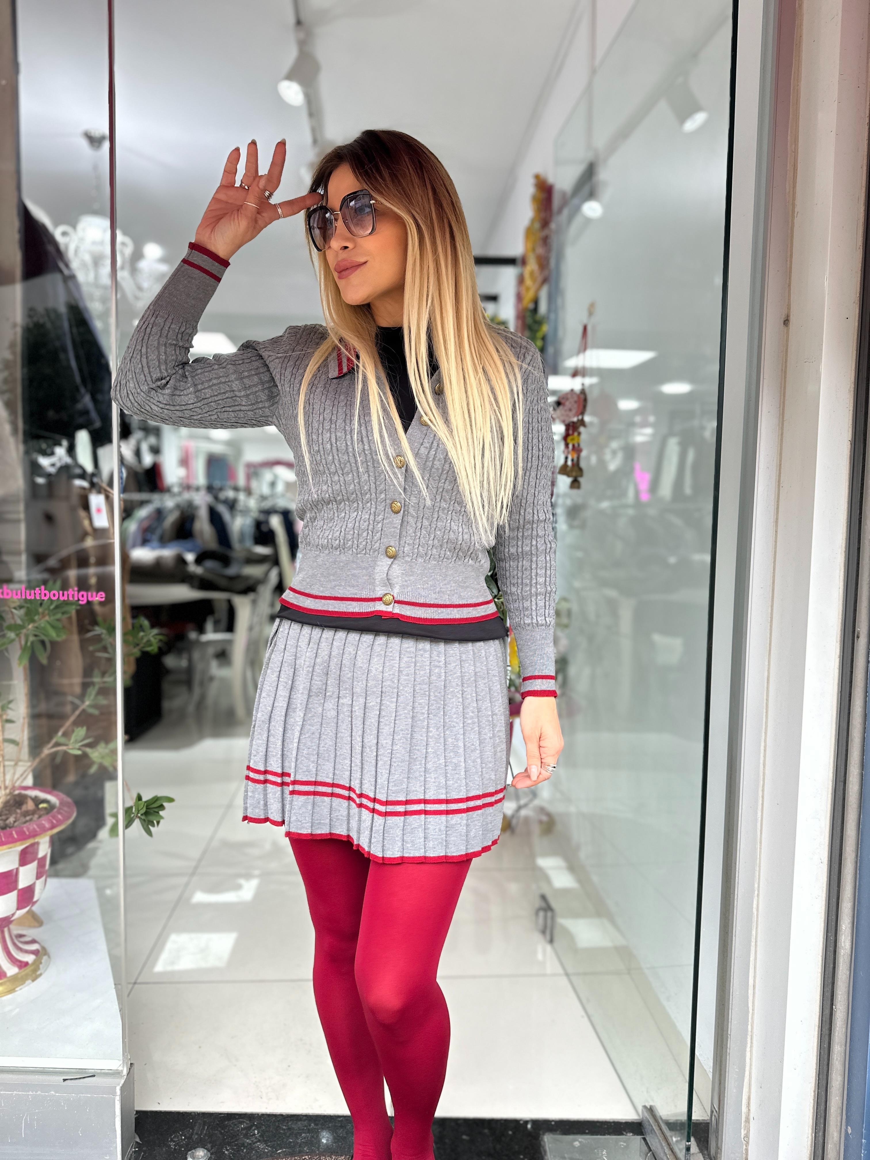 Gri Bordo Geçişli Triko Etek 