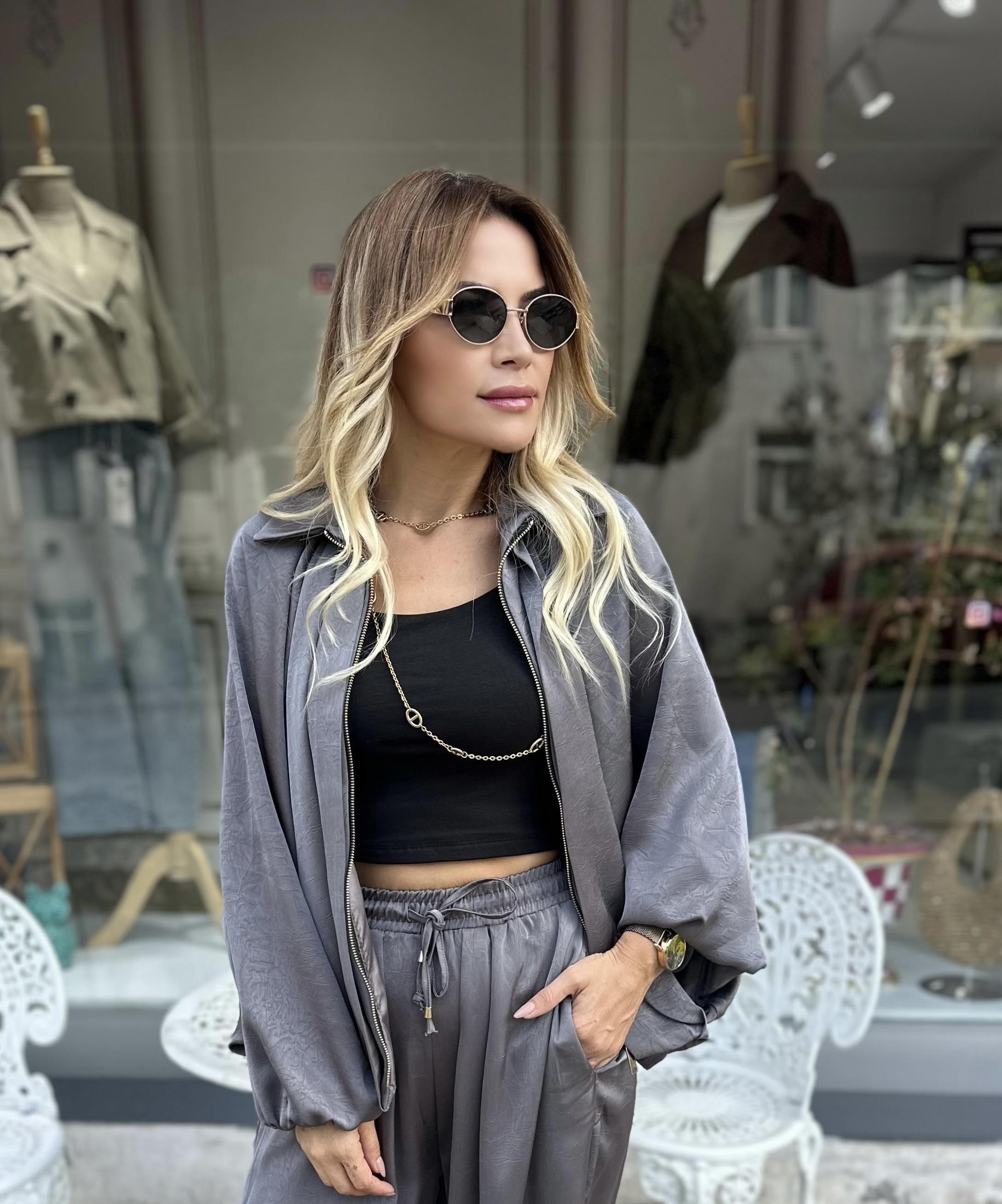 Gri Saten Bomber Ceket 