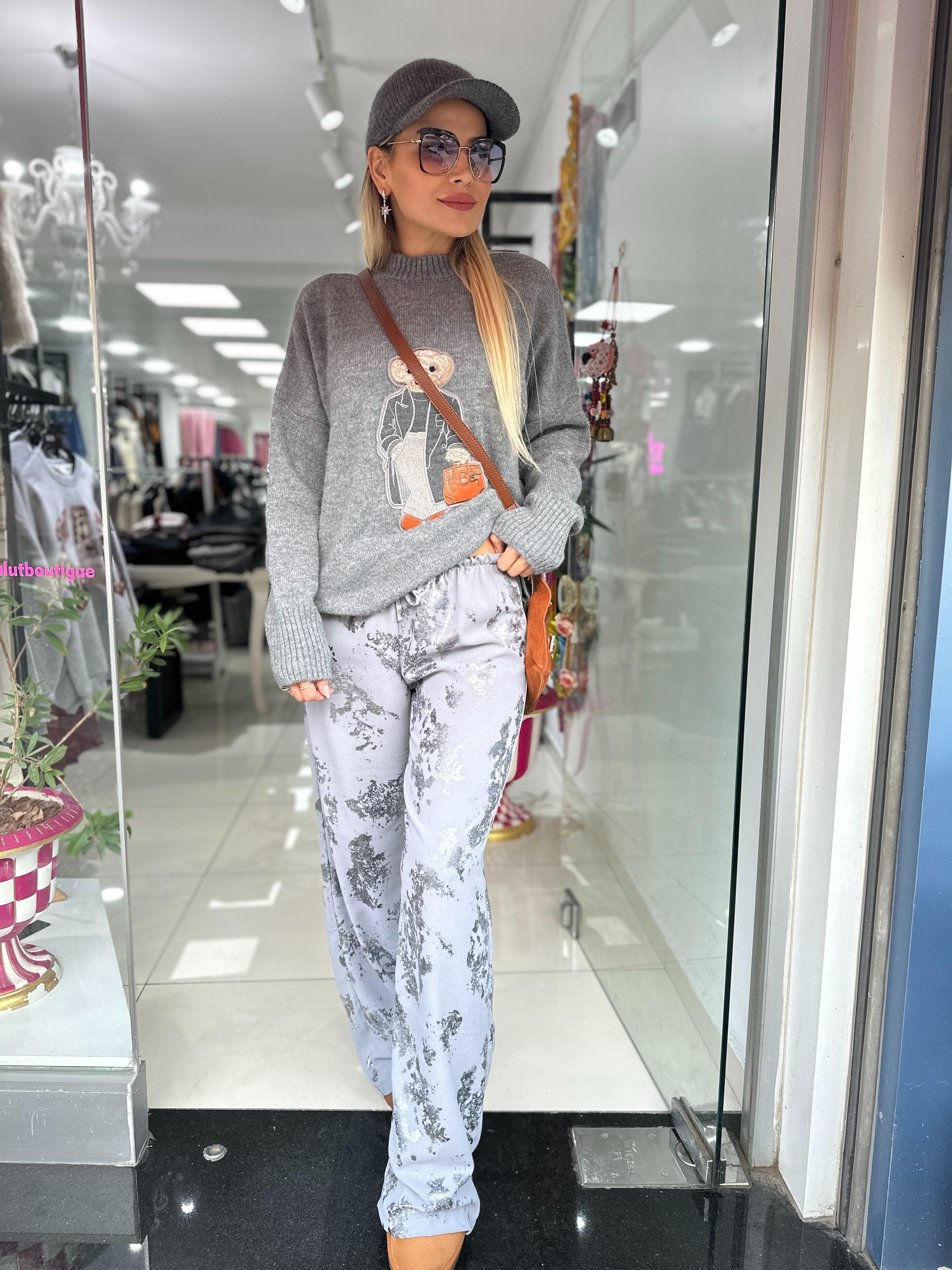 Gri Simli Beli Lastikli Saten Pantolon