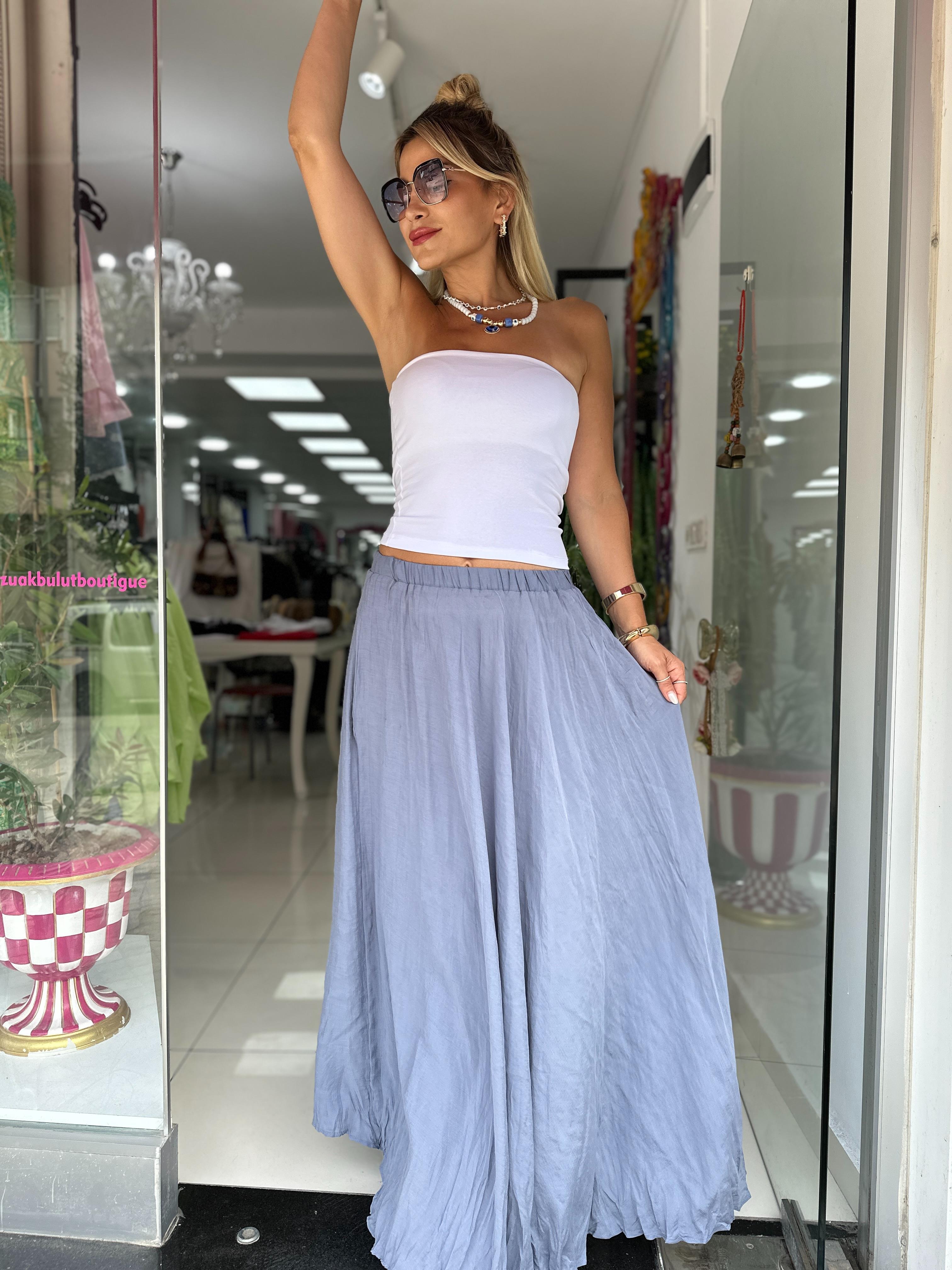 Gri Tensel Beli Lastikli Etek 
