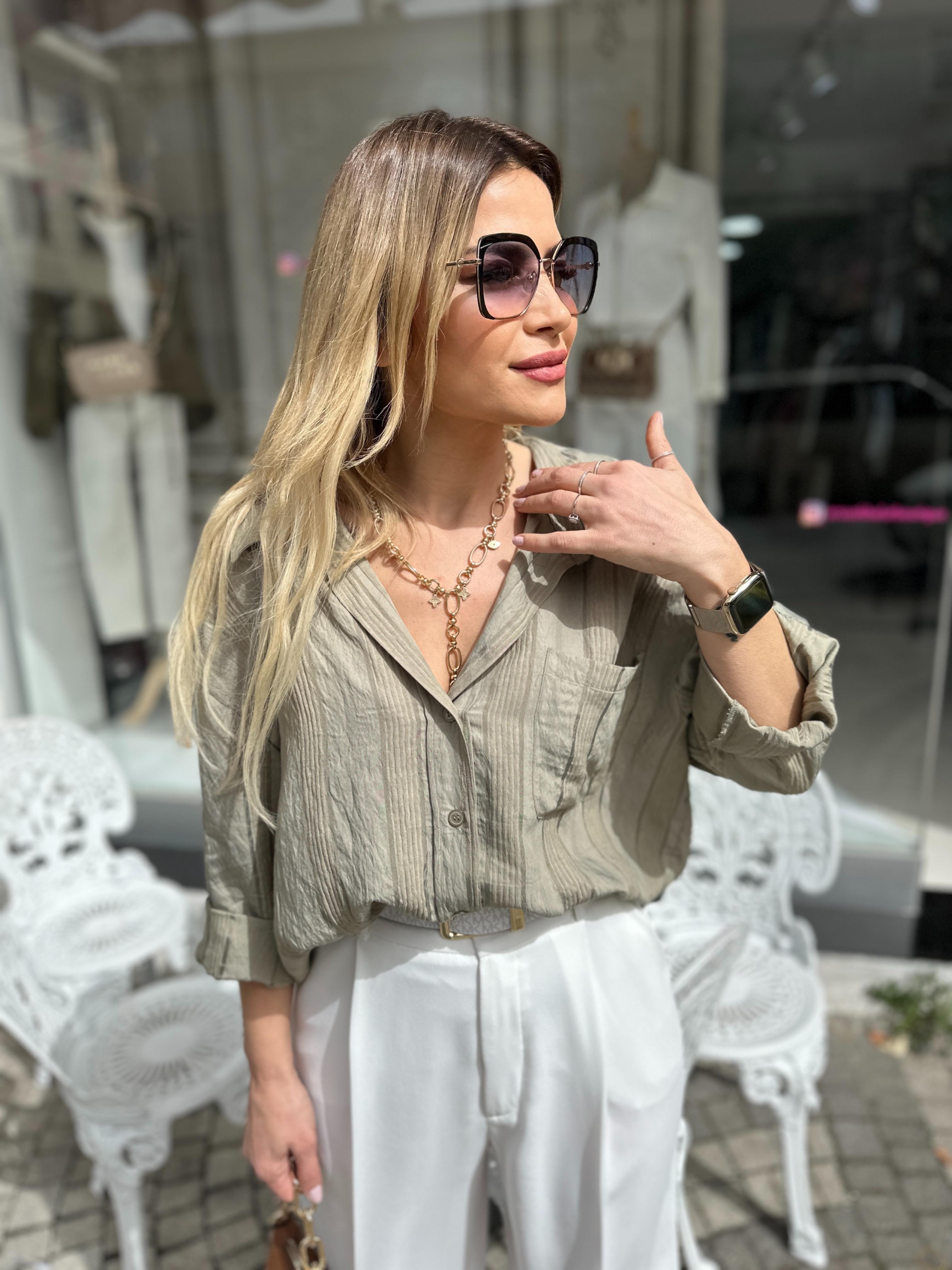 Haki Tensel Oversize Gömlek 