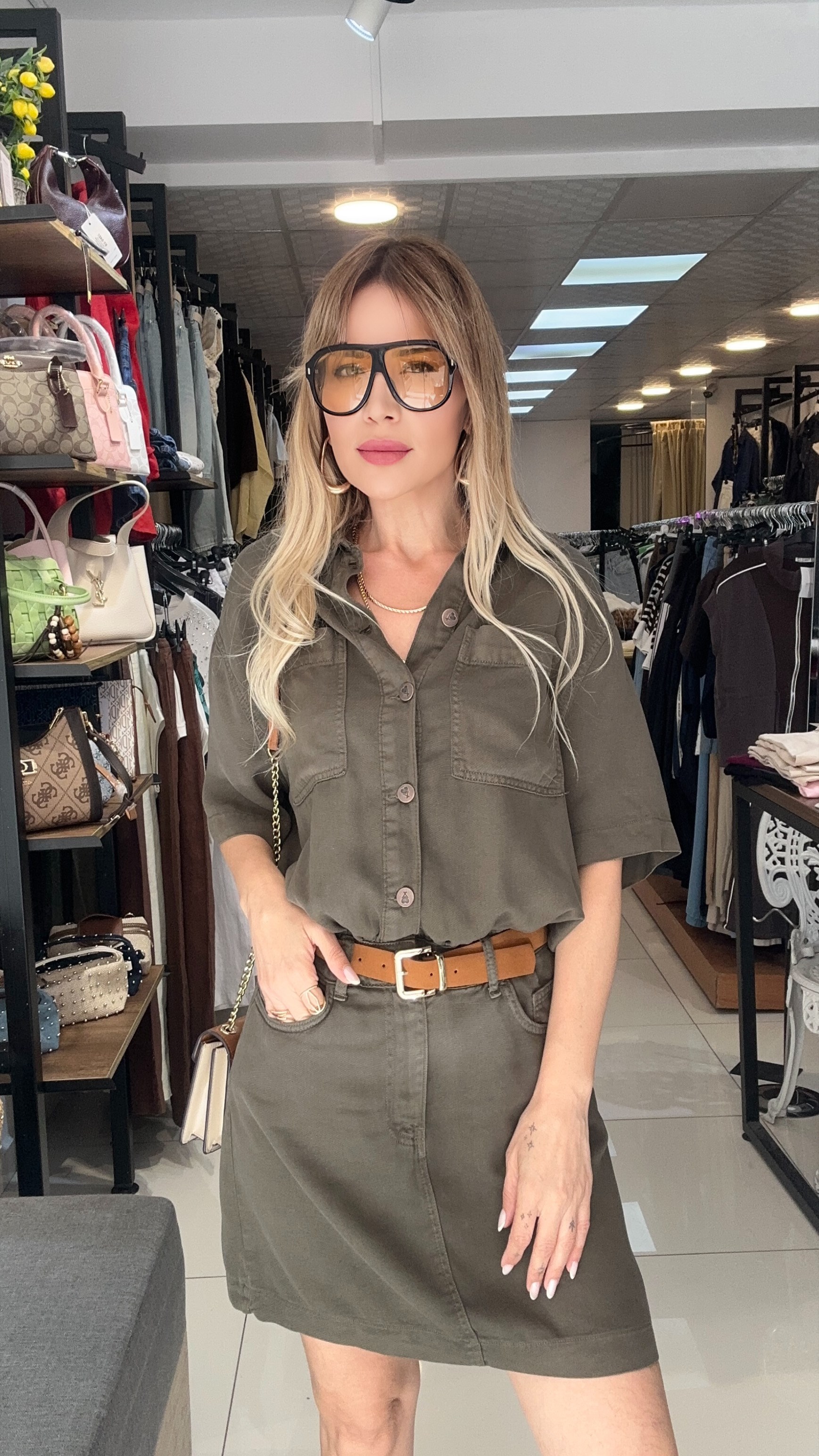 Haki Yeşili Tensel Denim Elbise