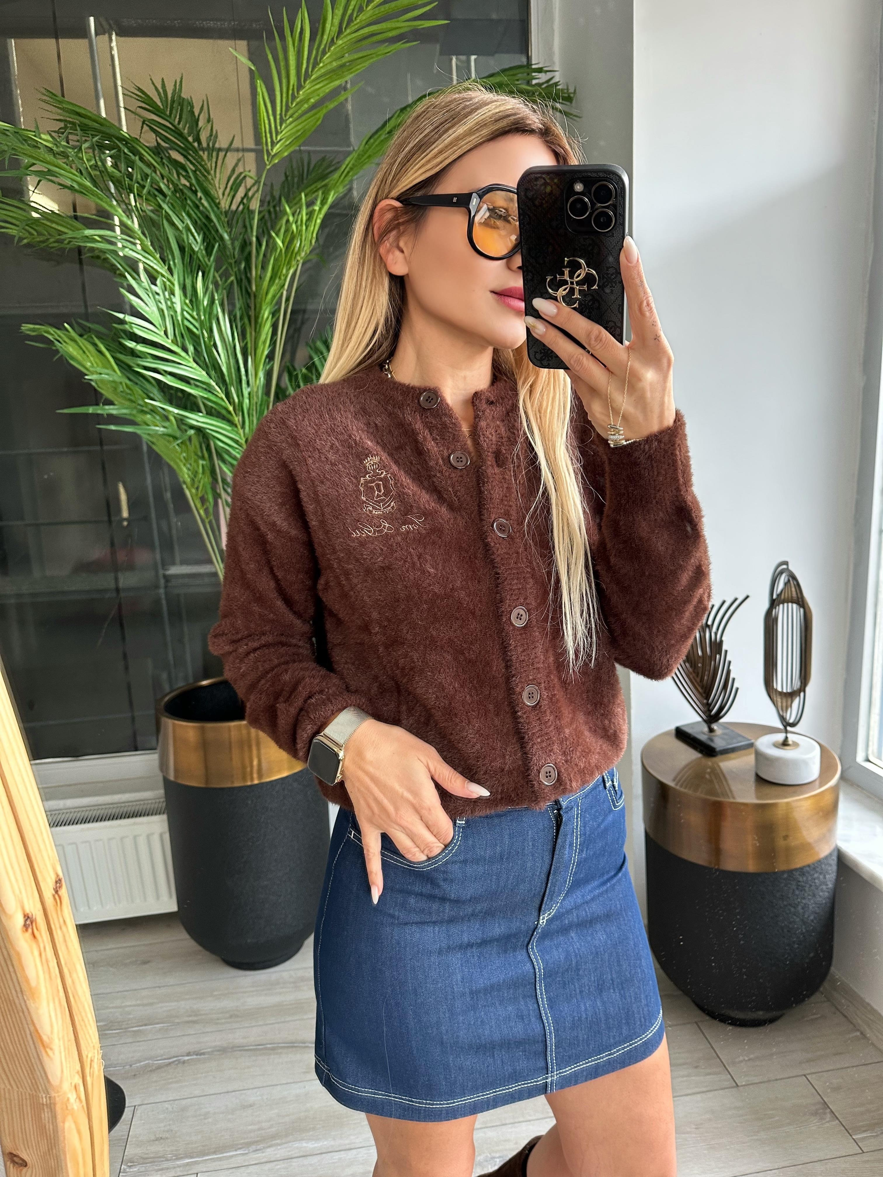 Kahve Angora Nakışlı Hırka
