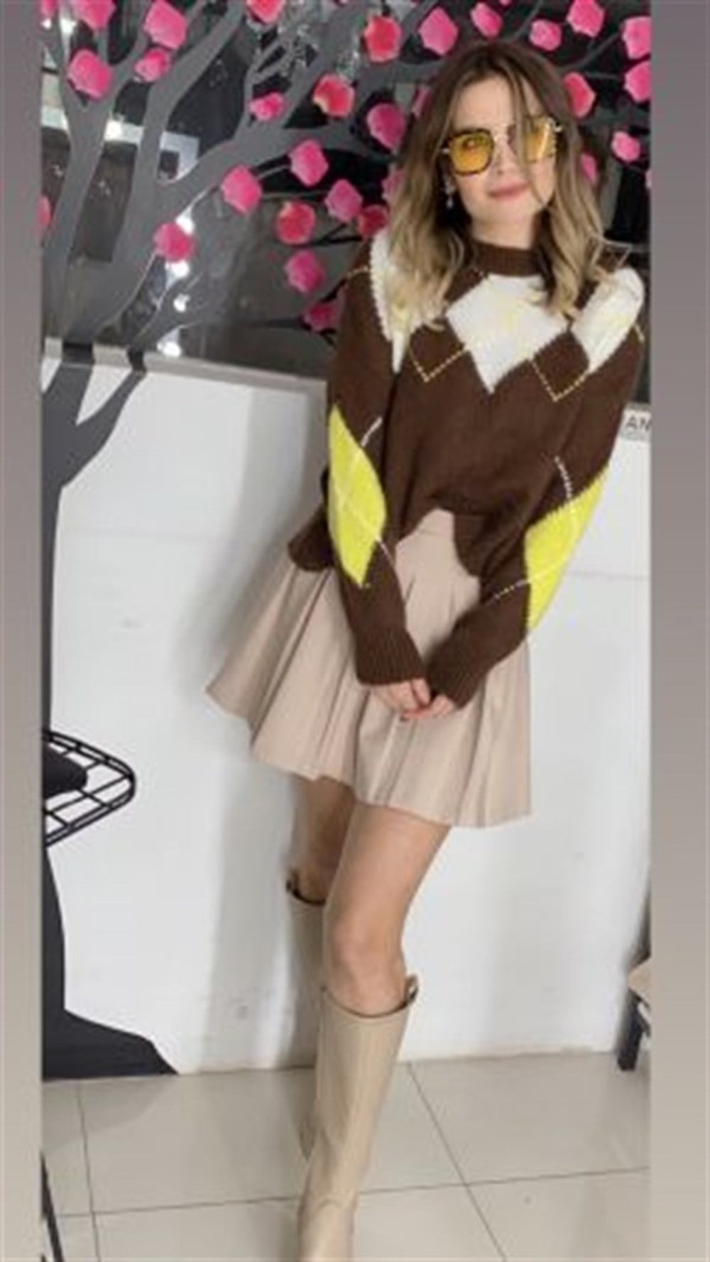 KAHVE BAKLAVA DESEN TRİKO KAZAK