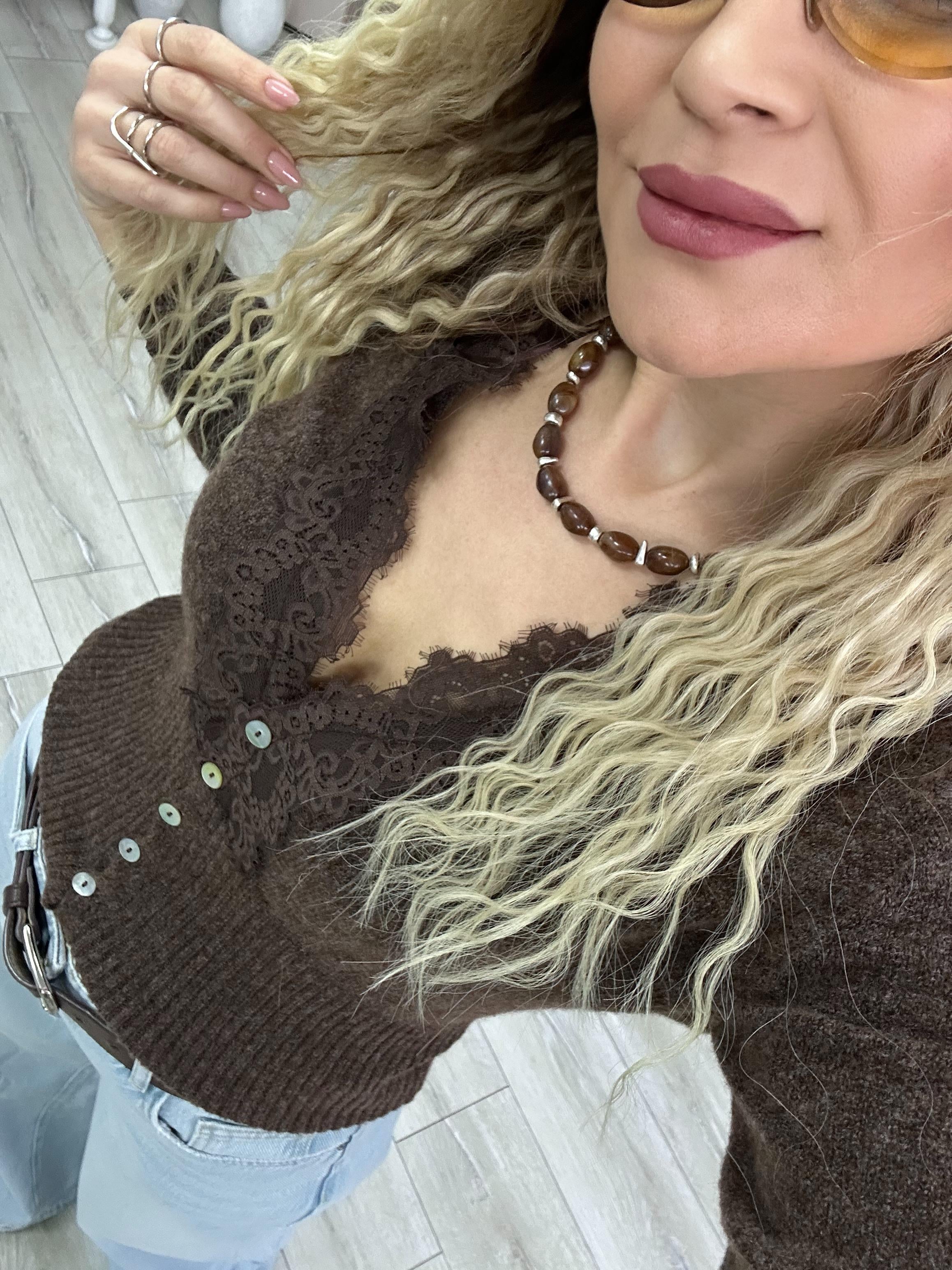 Kahve Dantel Detaylı Hırka 