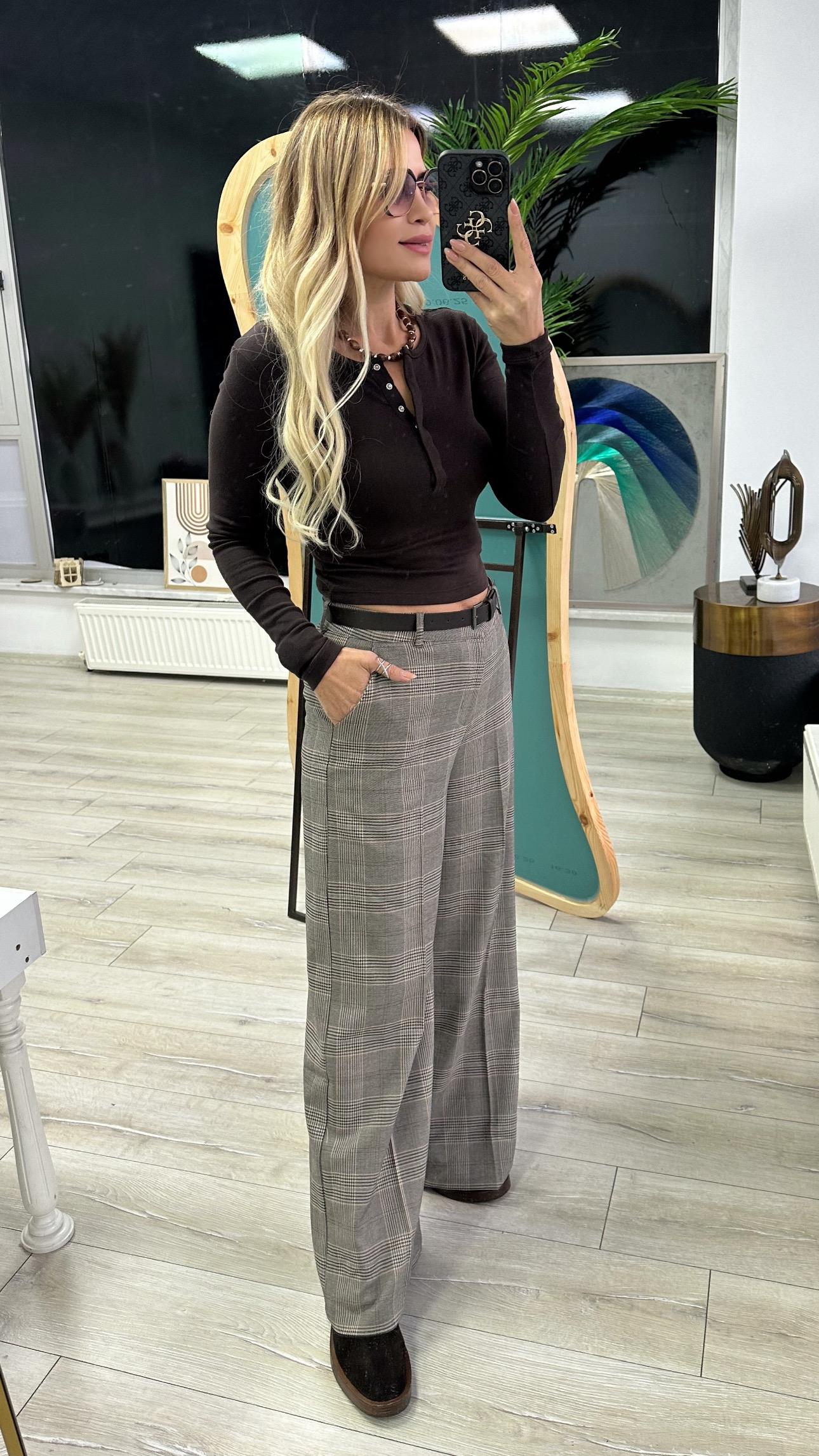 Kahve Ekose Desenli Kemerli Pantolon