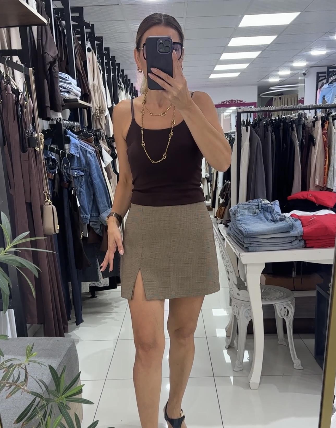 Kahve Ekoseli Şort Etek