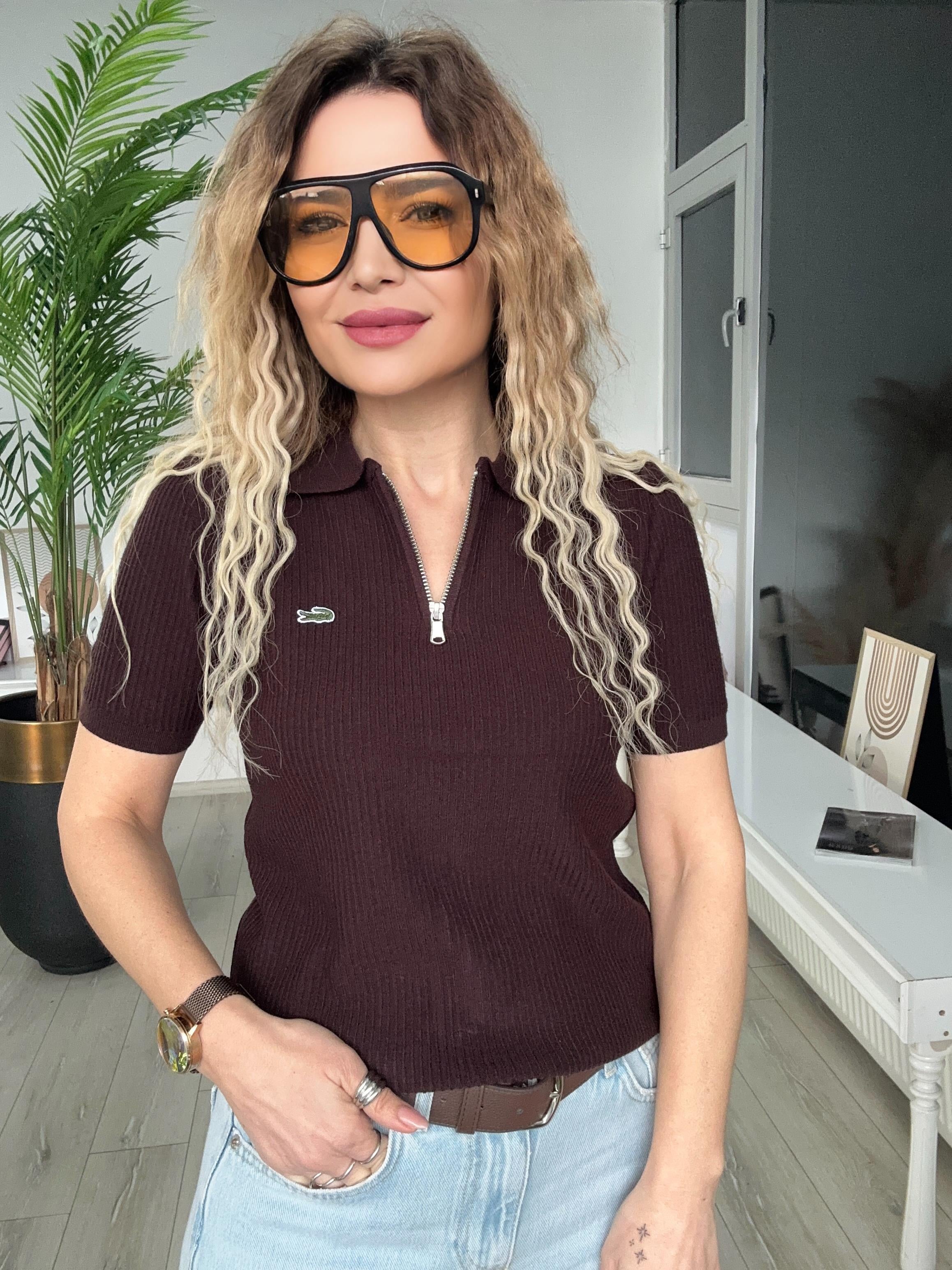 Kahve Fermuar Detaylı Triko Bluz