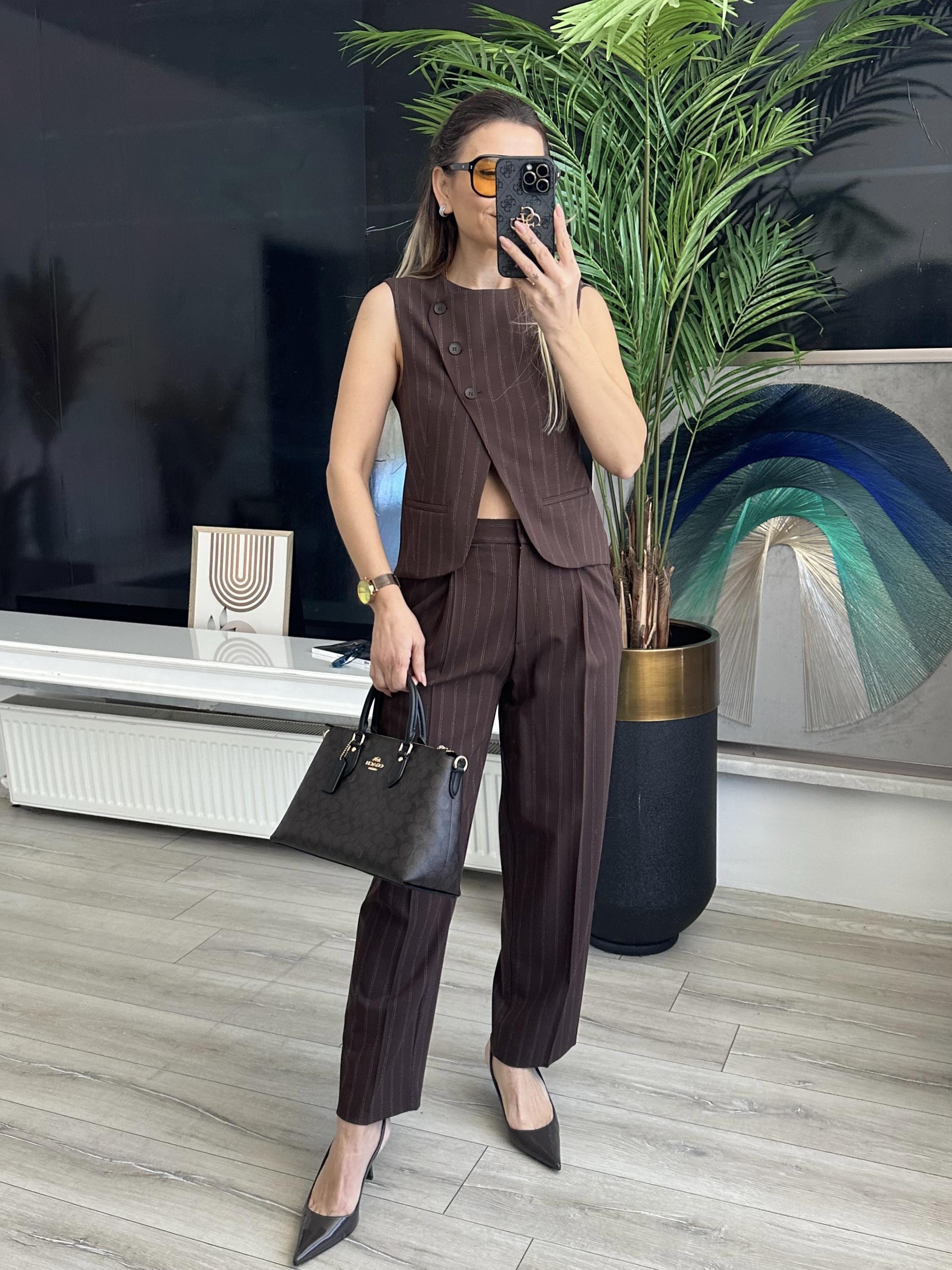 Kahve Pensli Düz Paça Pantolon 