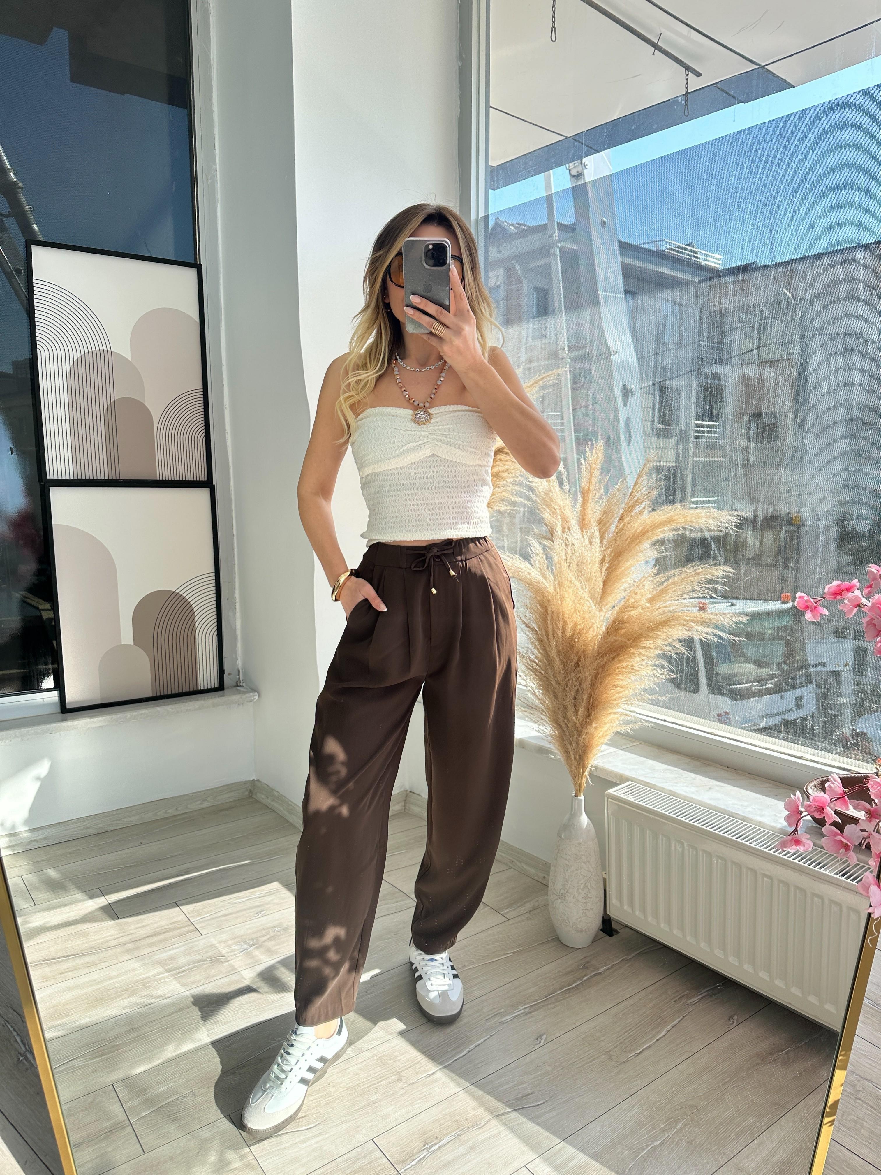 Kahve Pilili Beli Latikli Pantolon 