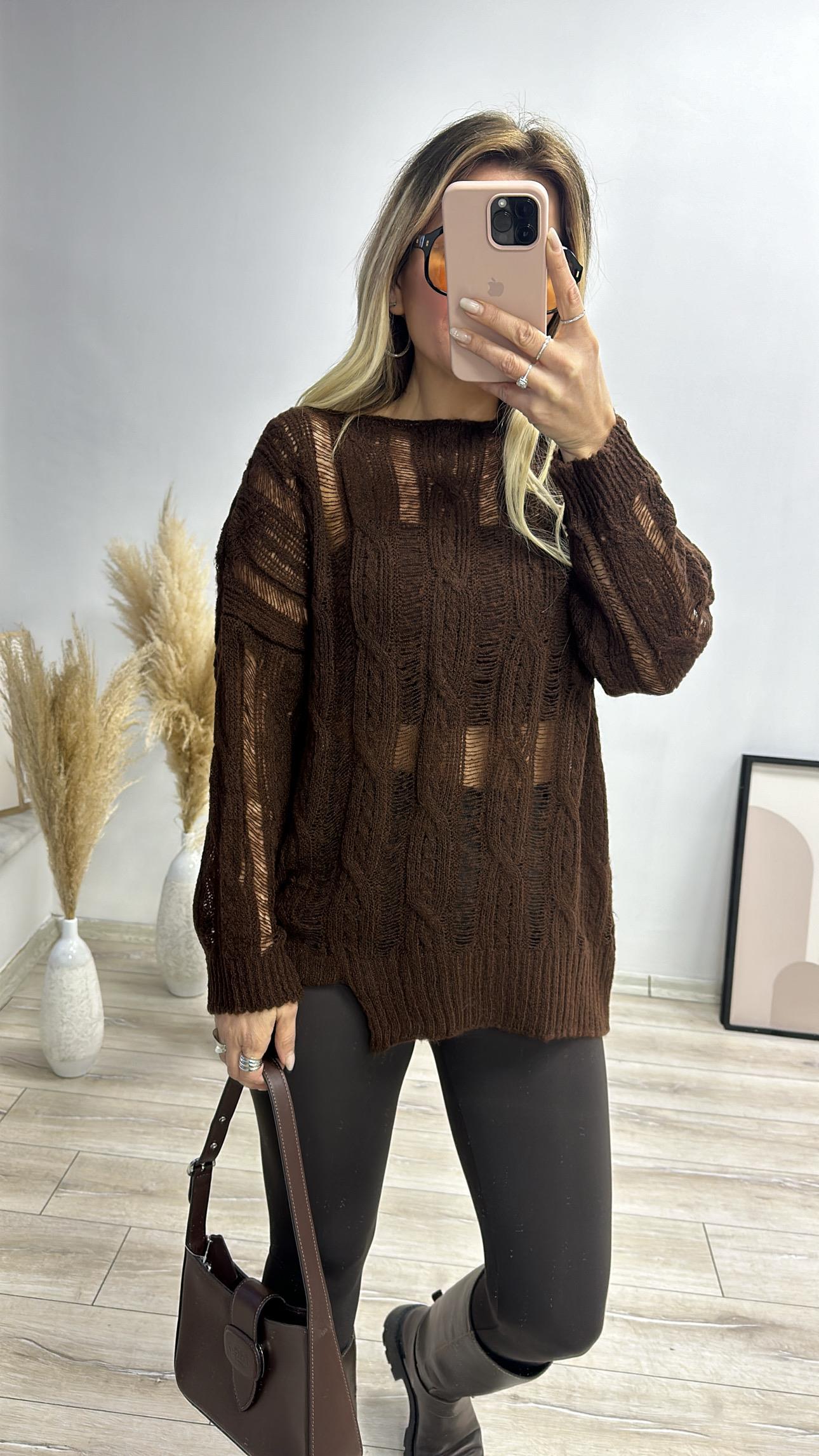 Kahve Saç Örgülü Ajurlu Triko 