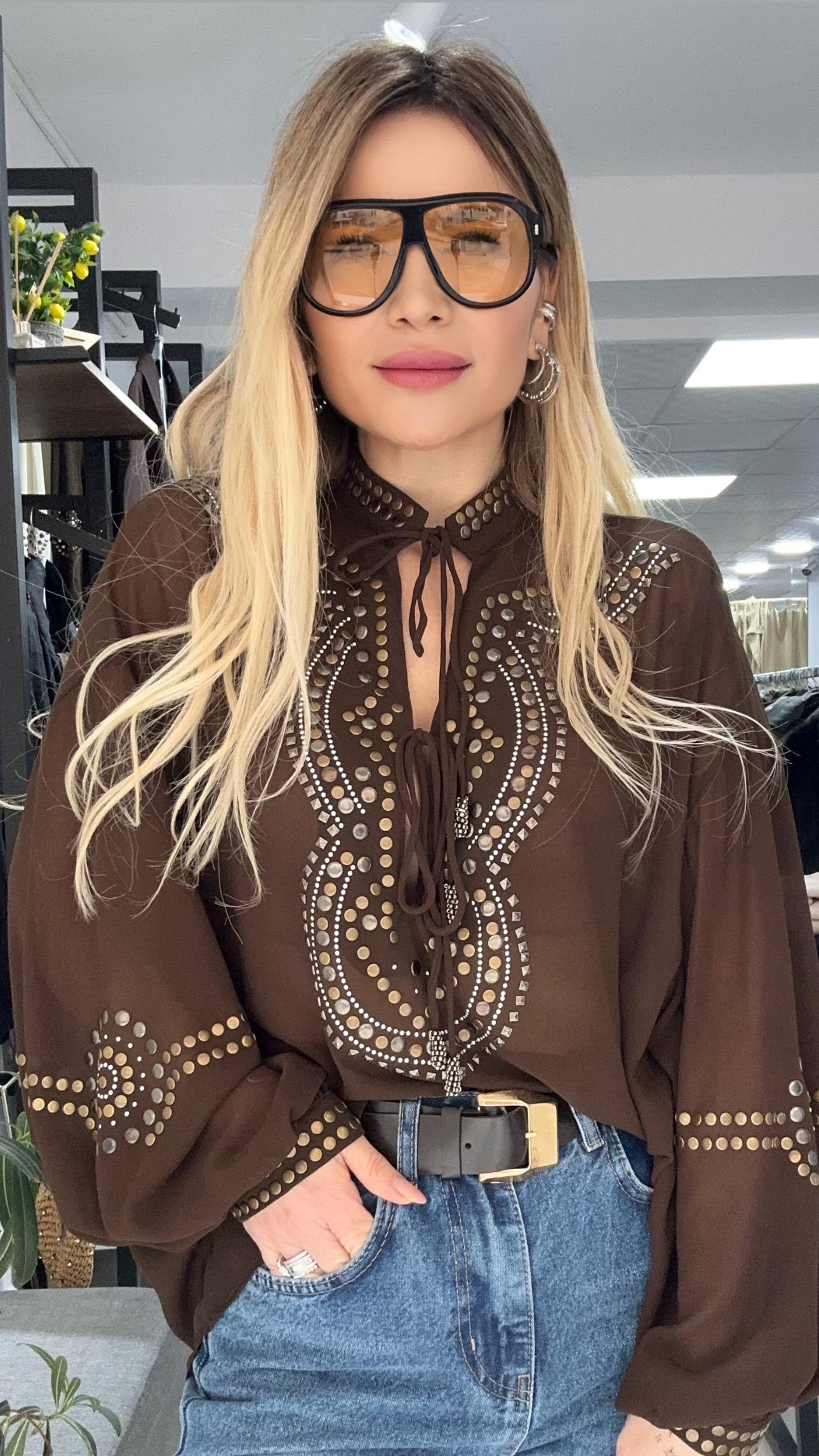 Kahve Taş Yapıştırma Bluz