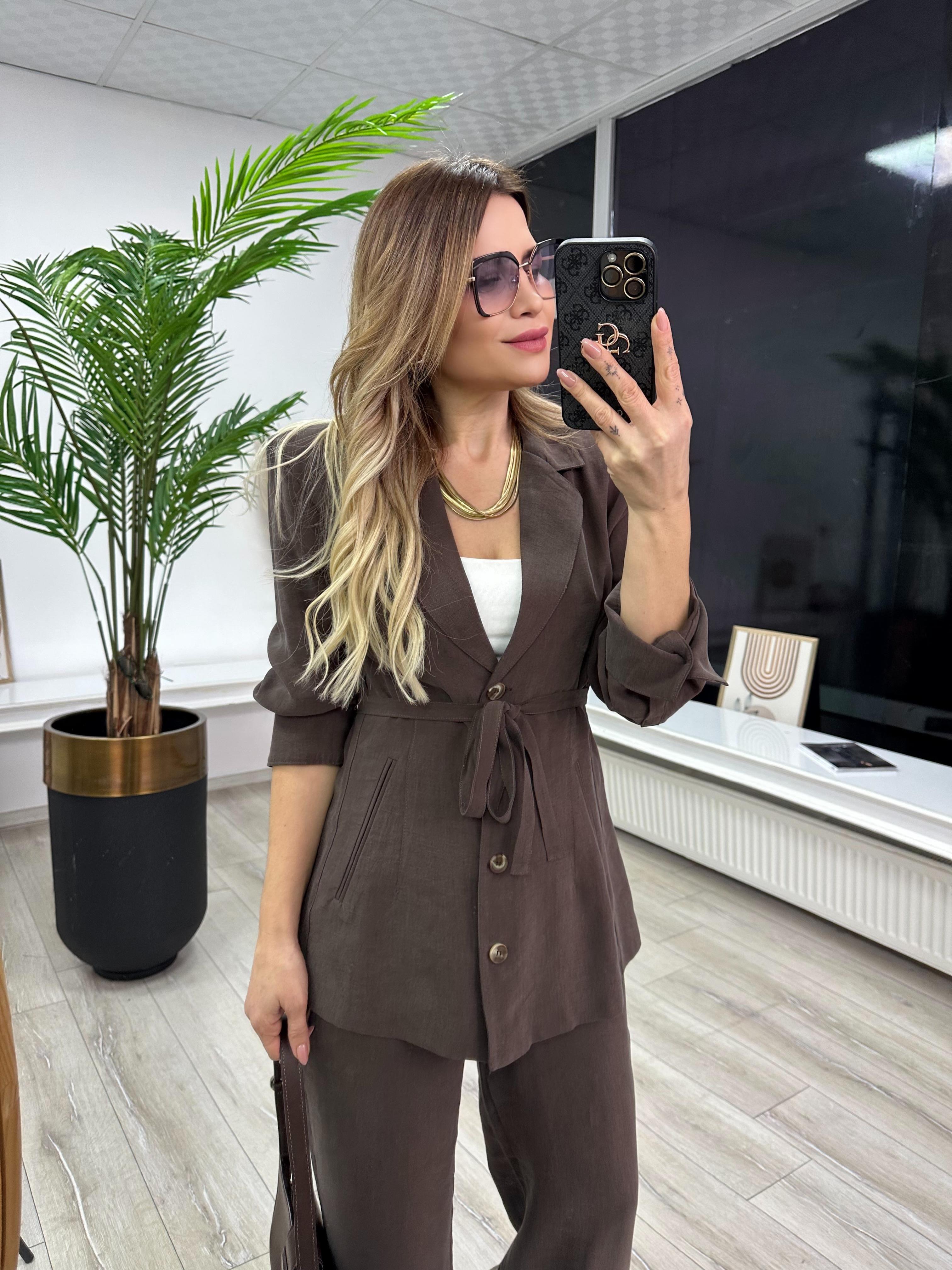 Kahve Tensel Kumaş Blazer Pantolon Takım