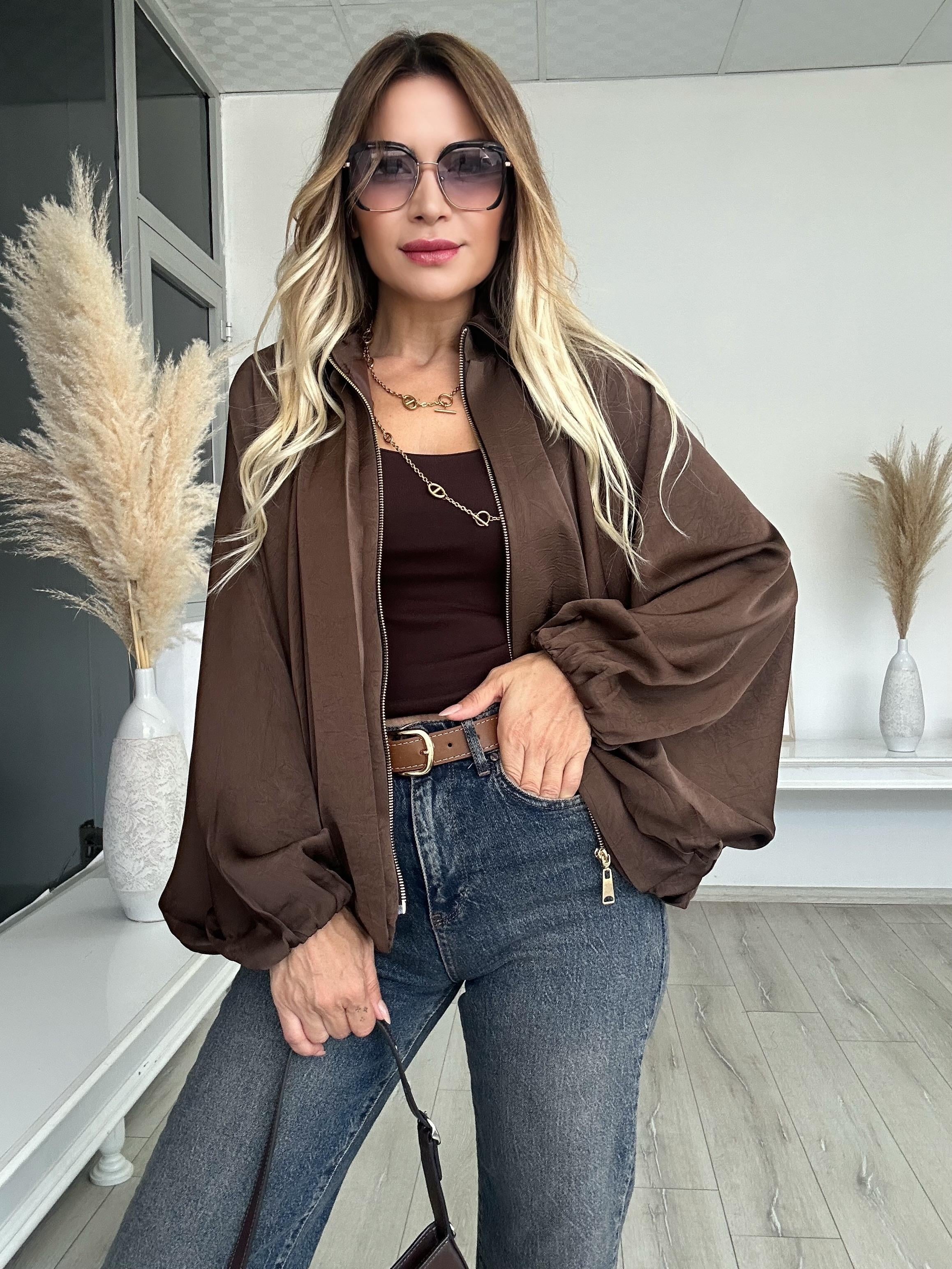 Kahverengi Saten Bomber Ceket 