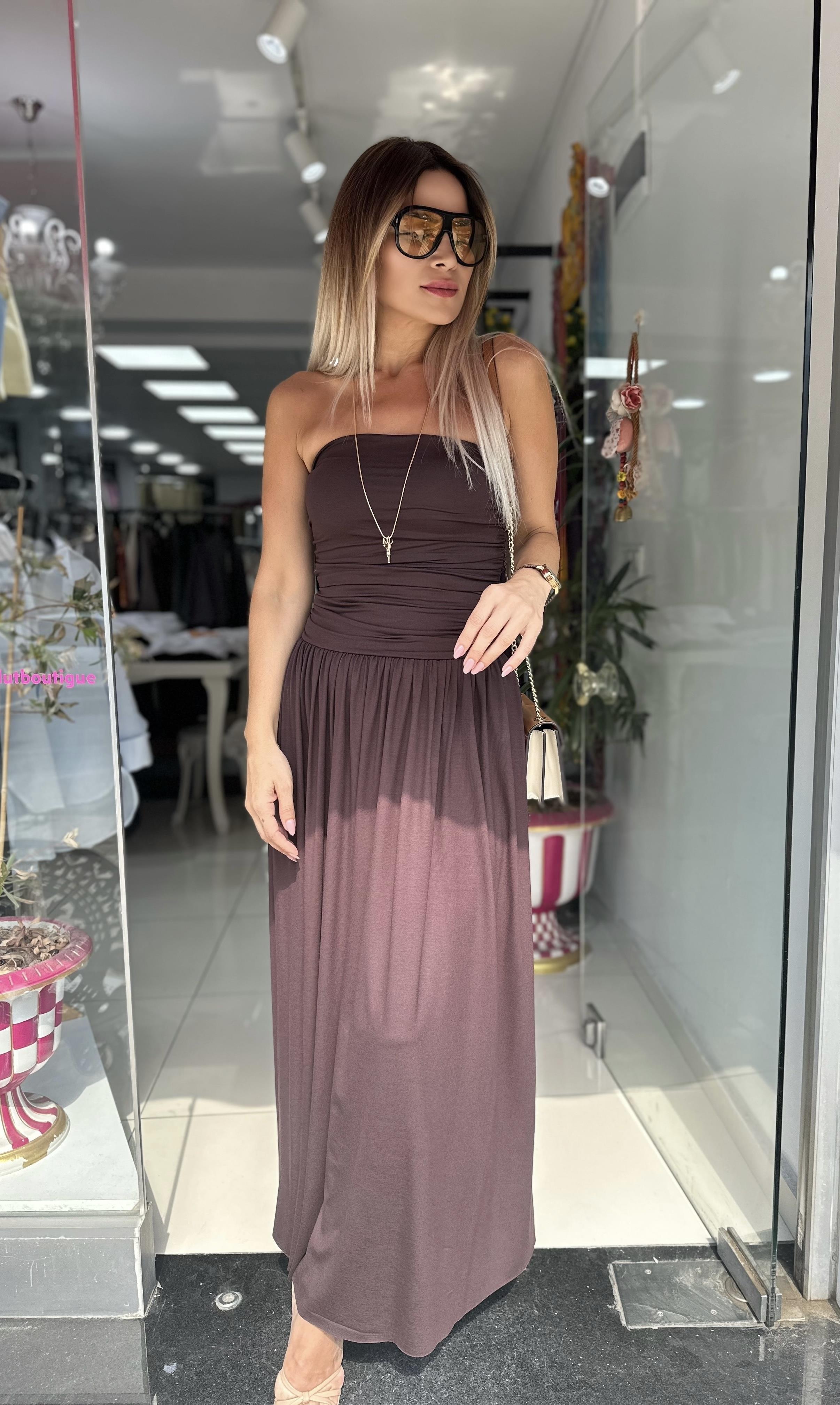 Kahverengi Straplez Büzgülü Elbise