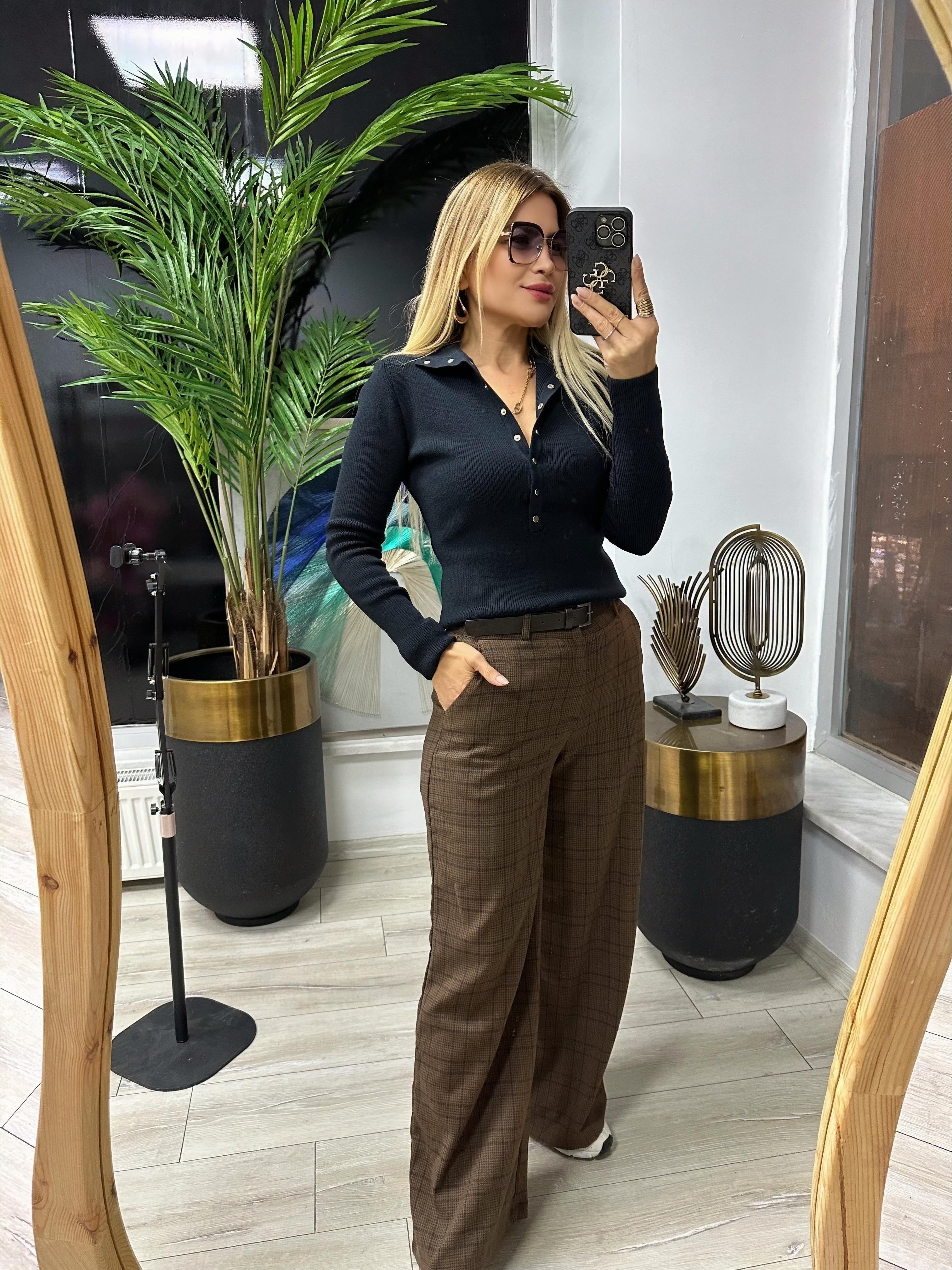 Kemerli Ekose Desenli Pantolon