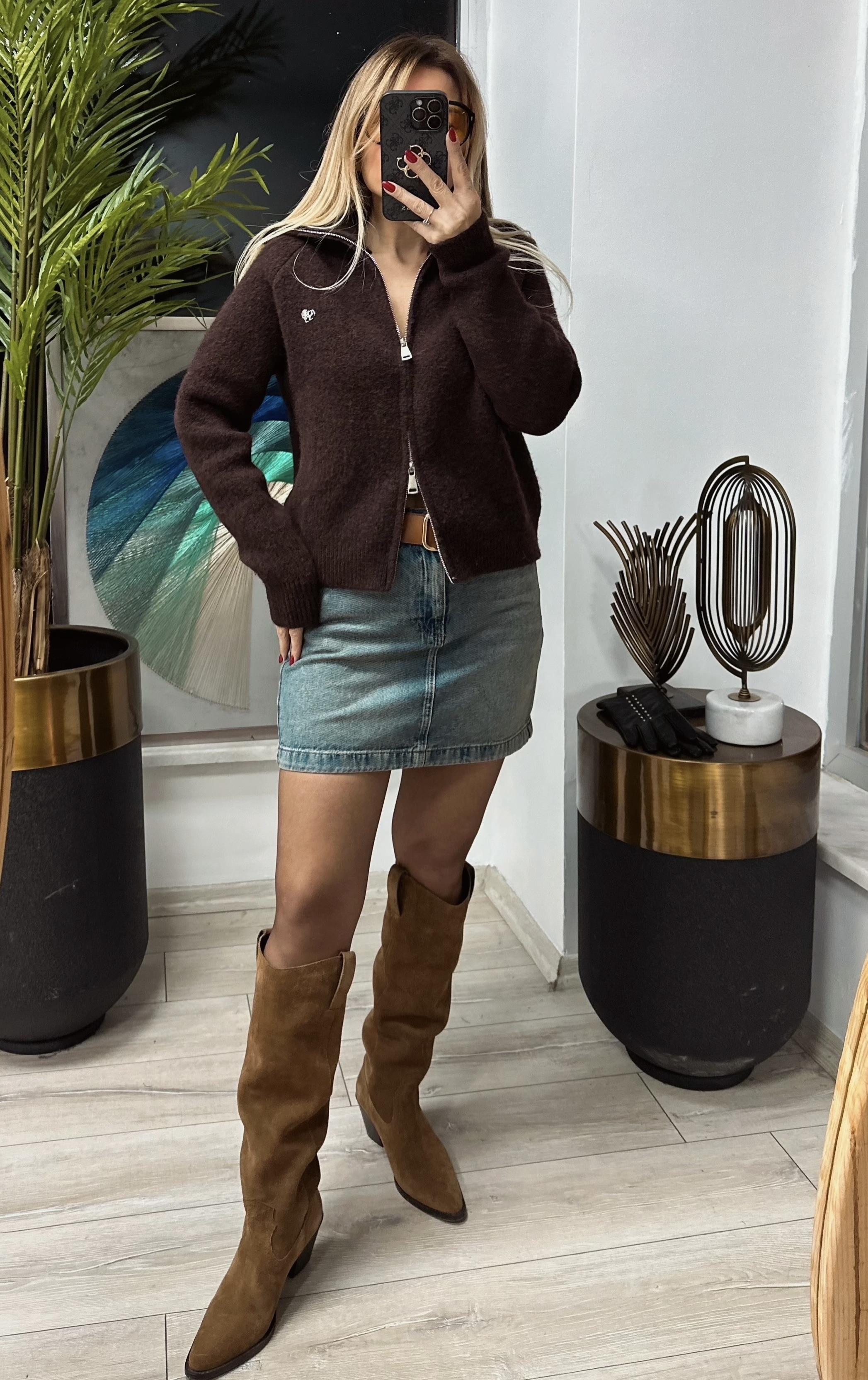 Kemerli Tint Yıkama Denim Etek 