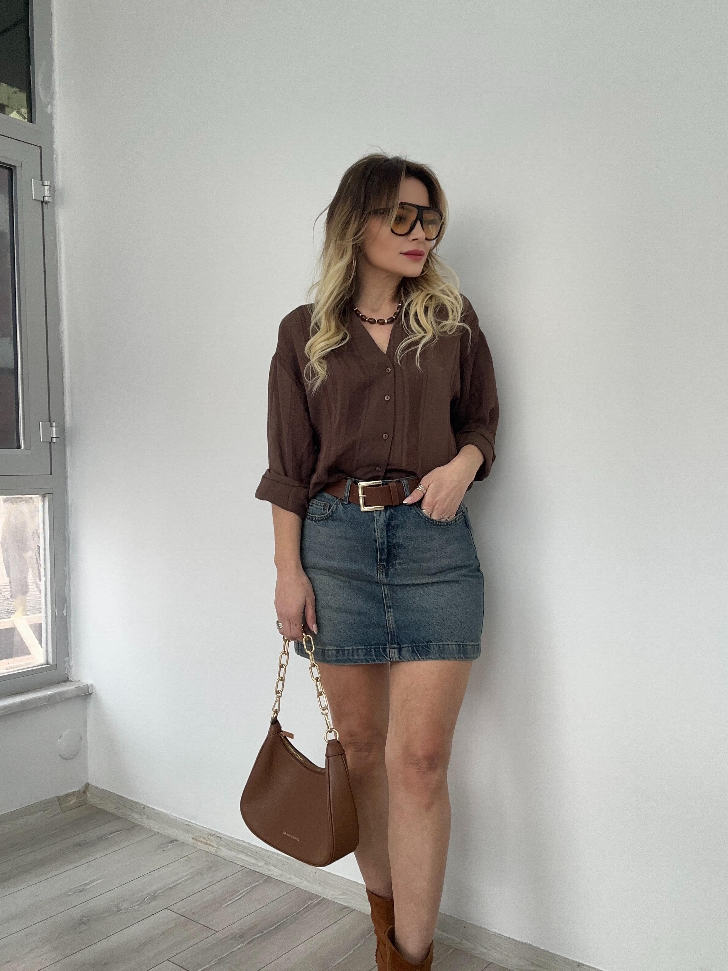 Kemerli Tint Yıkama Denim Etek 