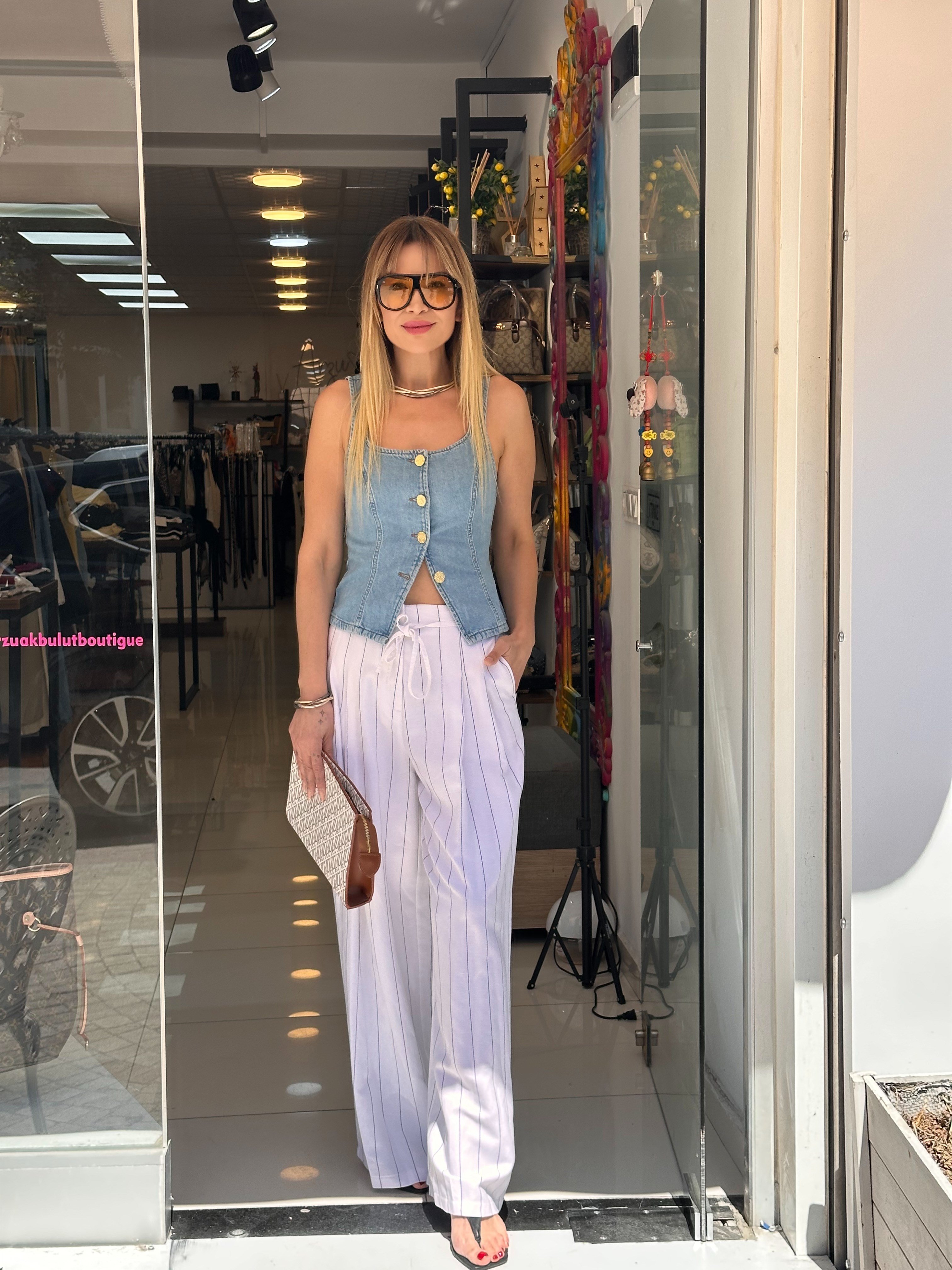 Keten Karışımlı Pens Detaylı Geniş Paça Pantolon