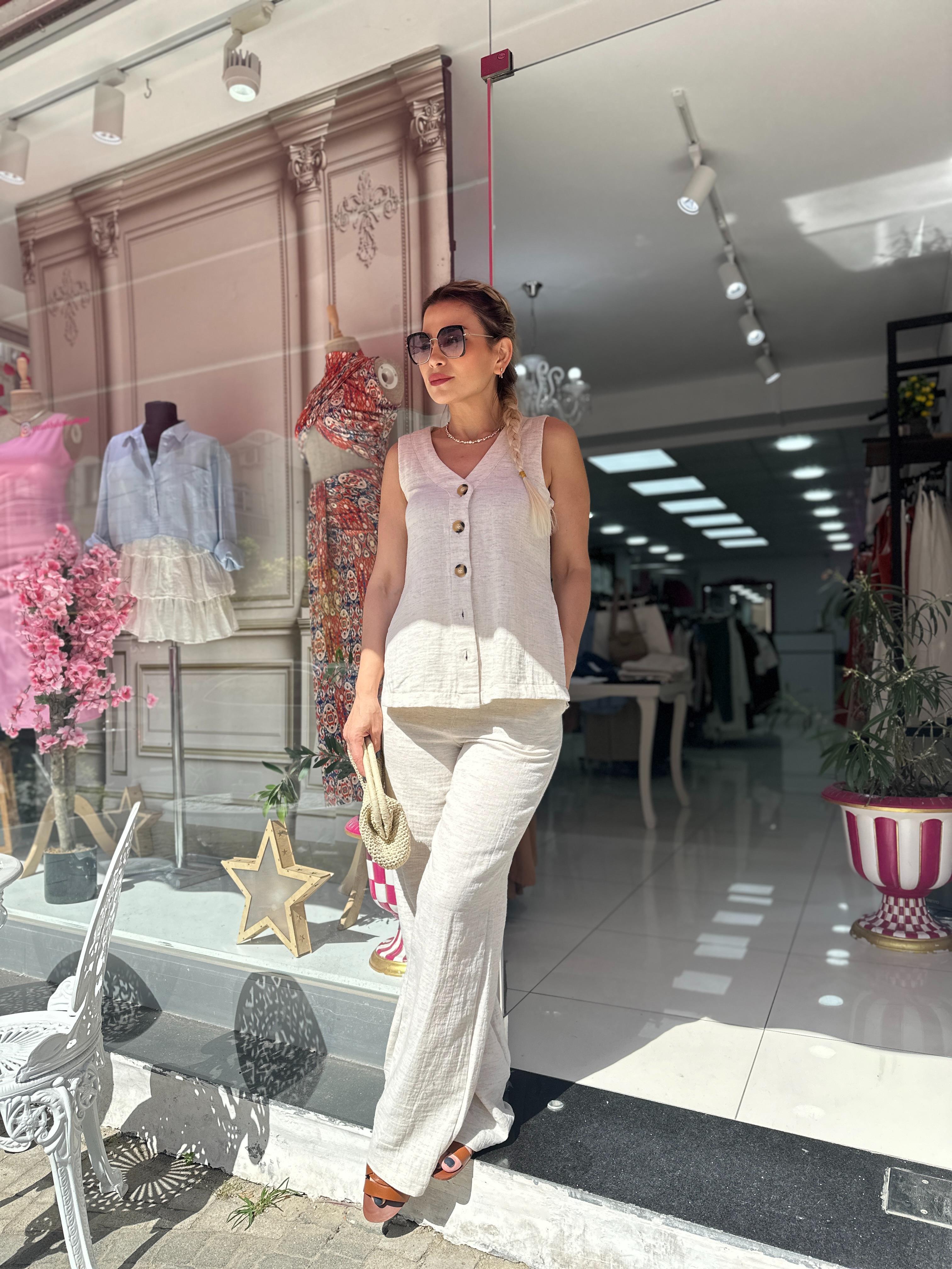 Keten Önü Düğmeli Yelek Bel Lastikli Pantolon Takım