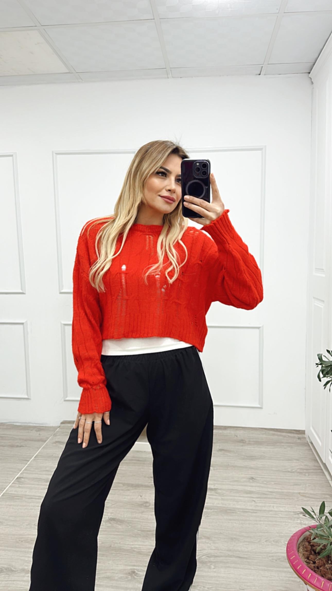 Kırmızı Ajurlu Triko