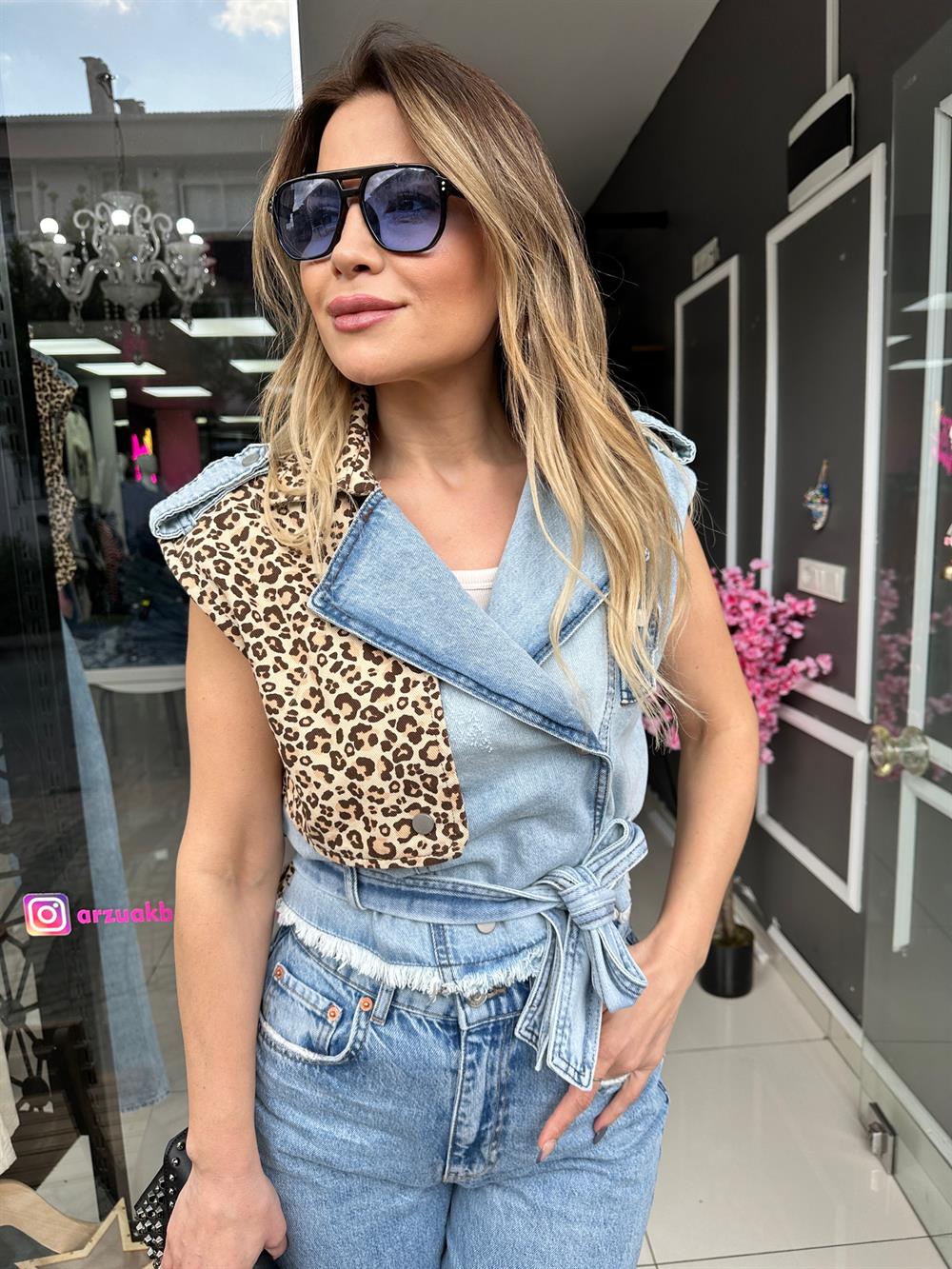 KLN Mavi Kot Leopar Detay Yelek