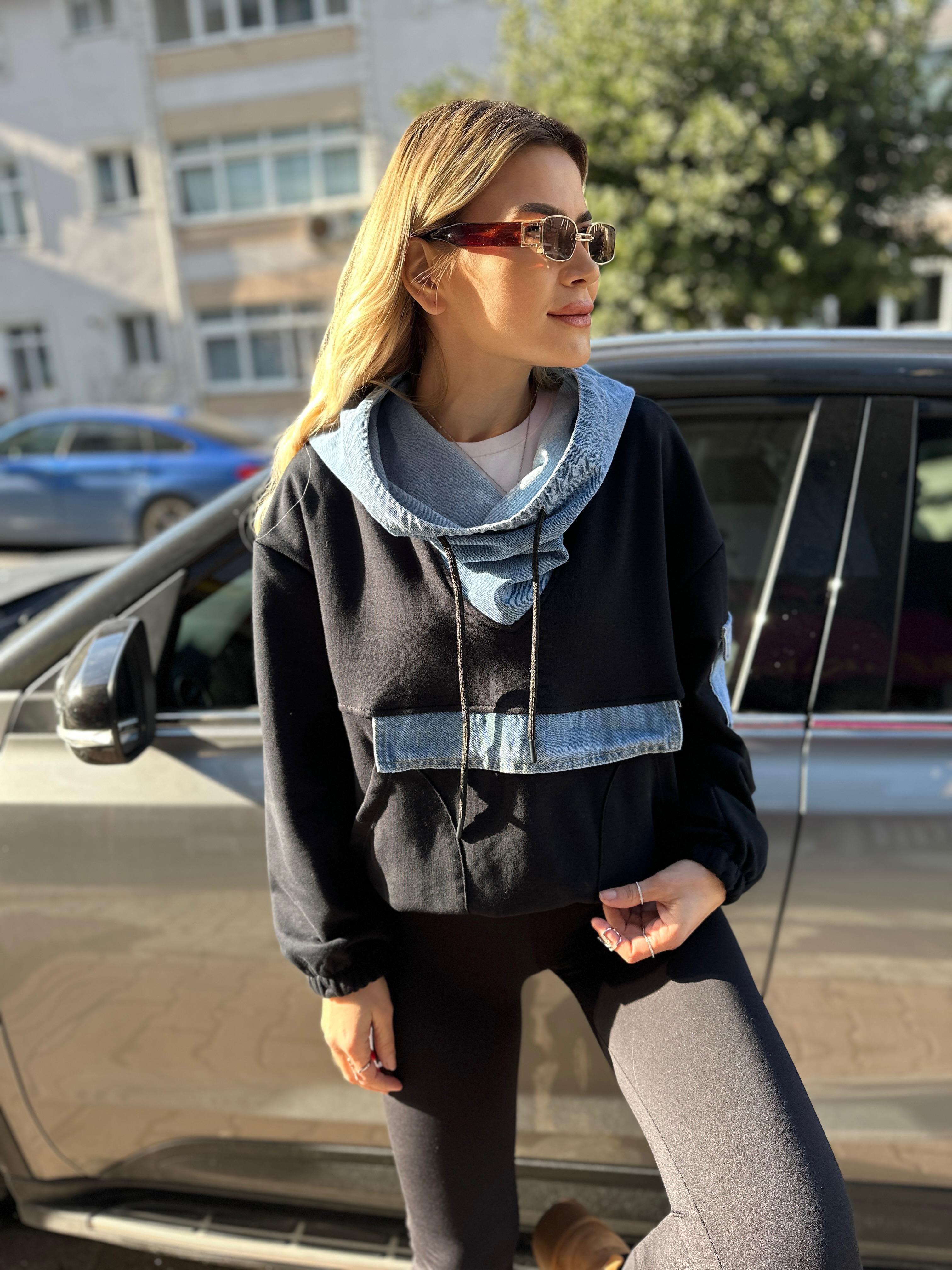Kot Detaylı Siyah Tasarım Sweat 