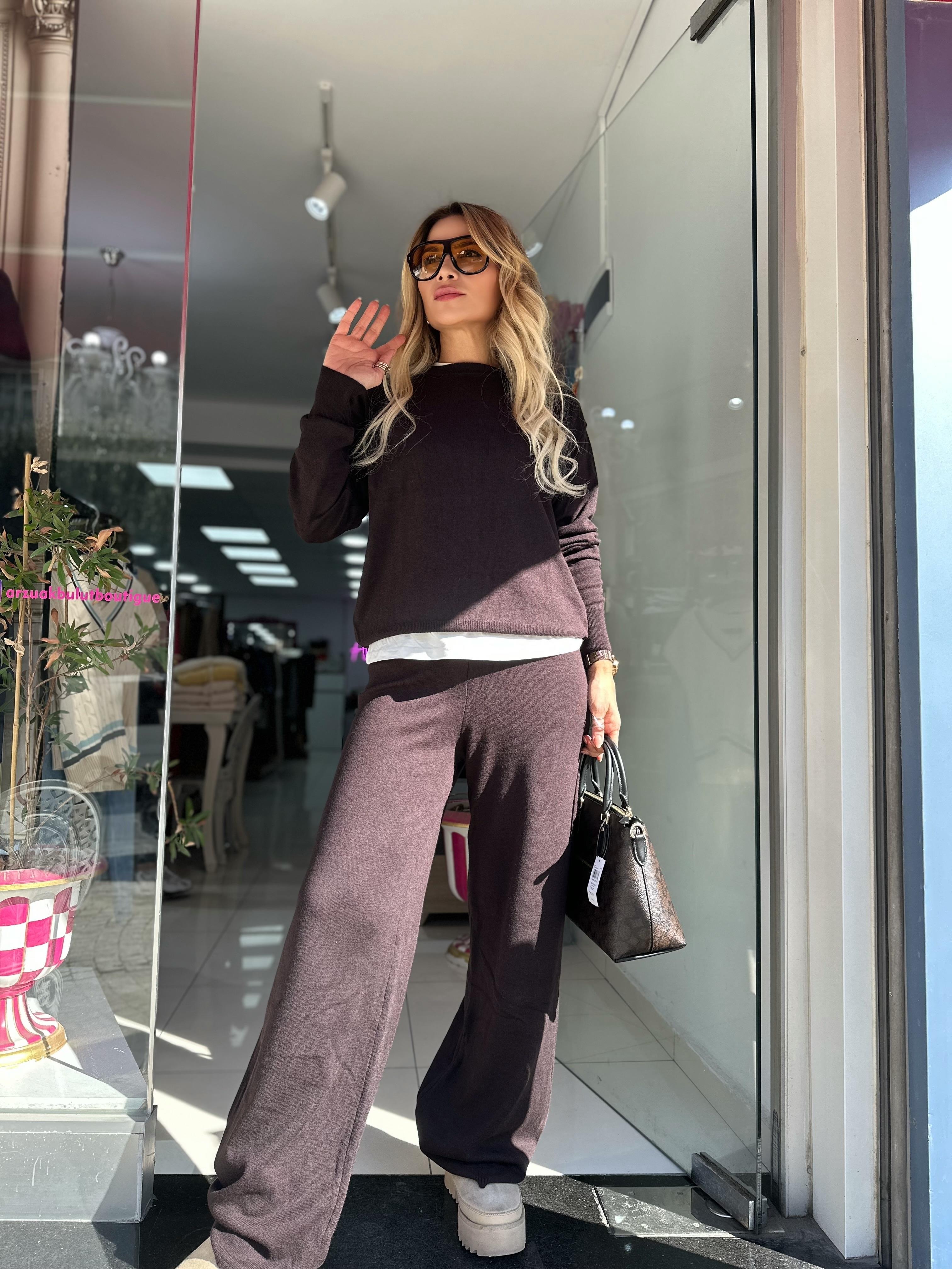 Koyu Kahve Beli Lastikli Yünlü Triko Pantolon