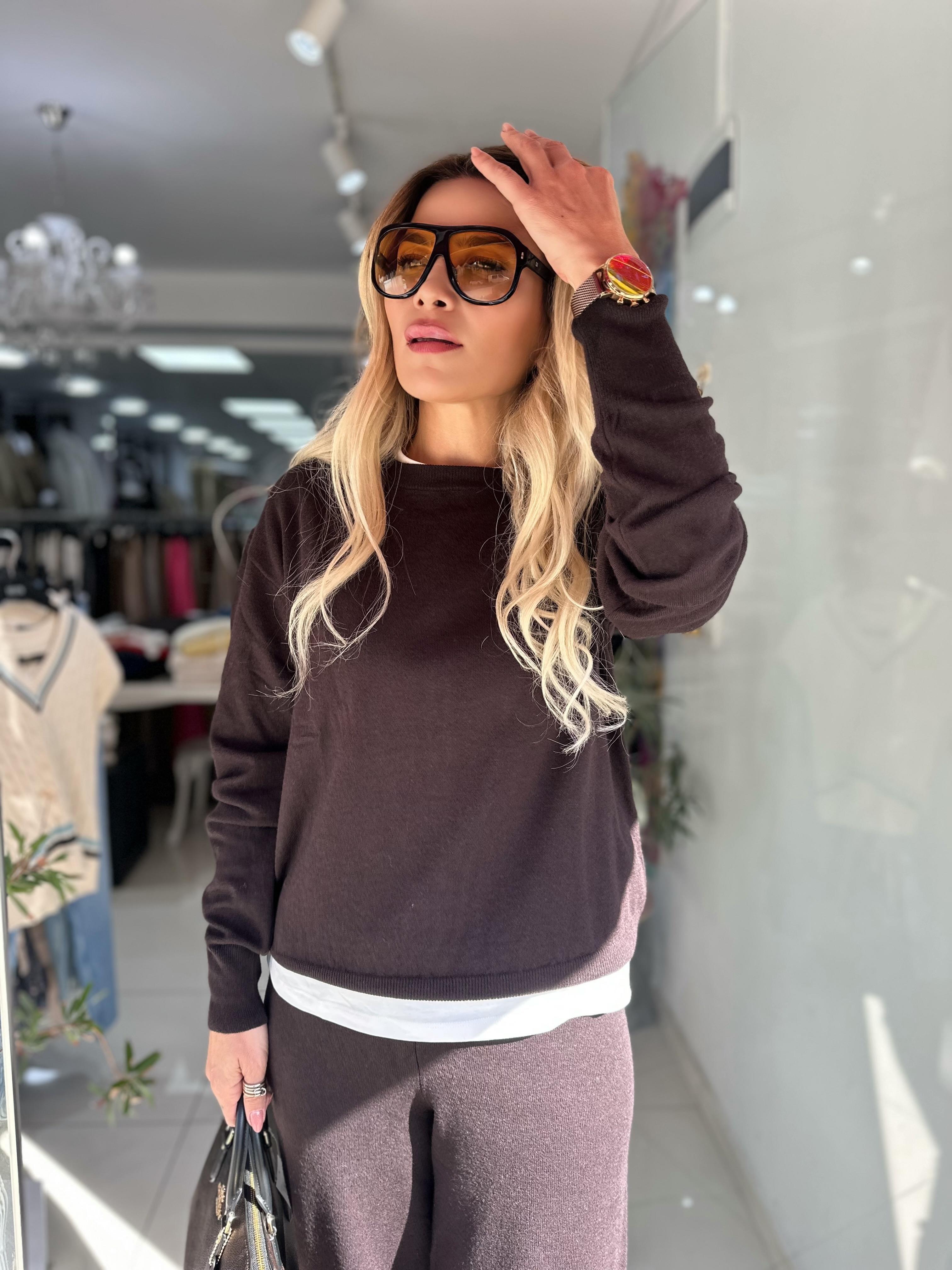 Koyu Kahve Bisiklet Yaka Yünlü Basic Triko Kazak