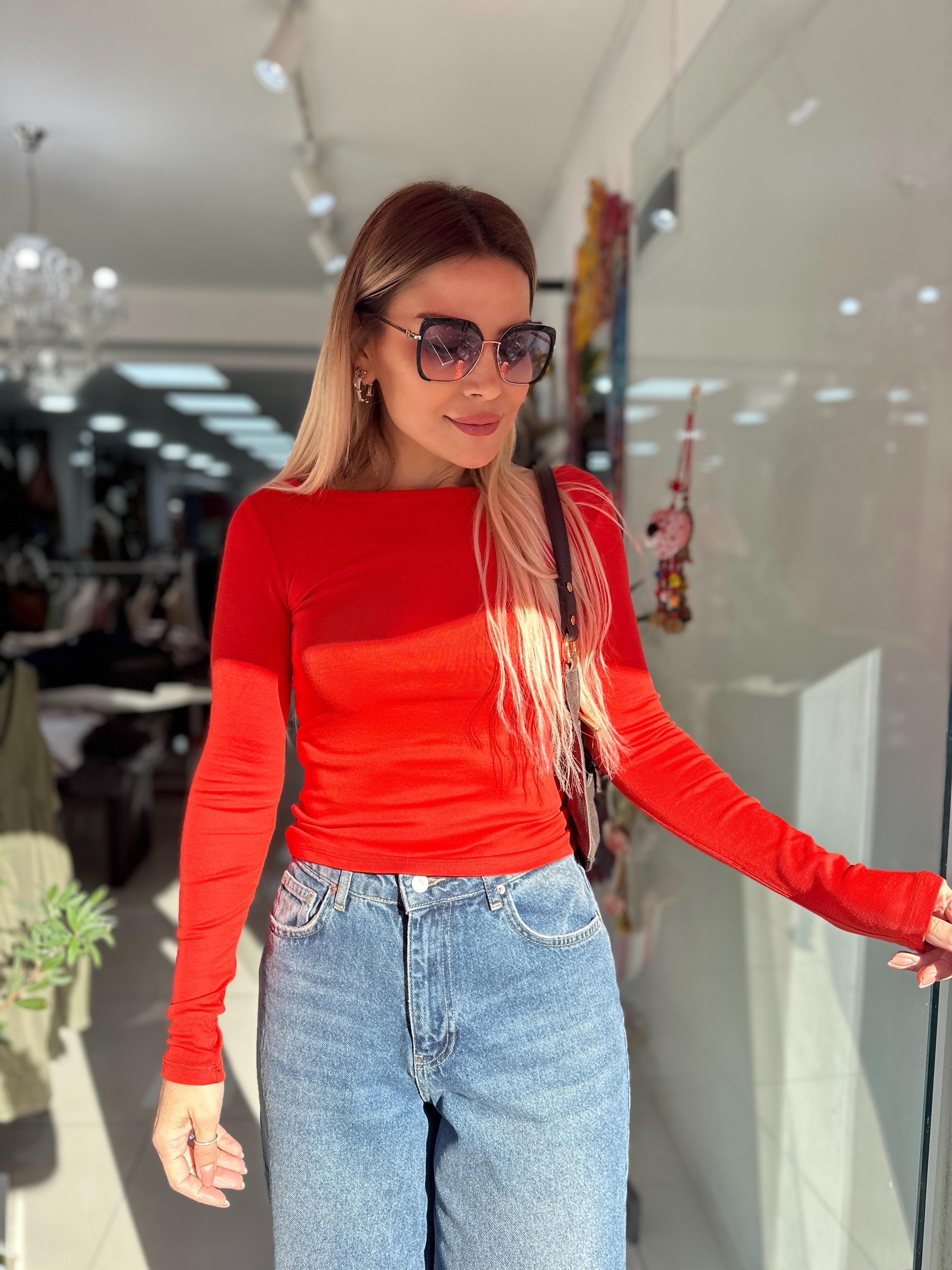 Koyu Kırmızı Kayık Yaka Bluz