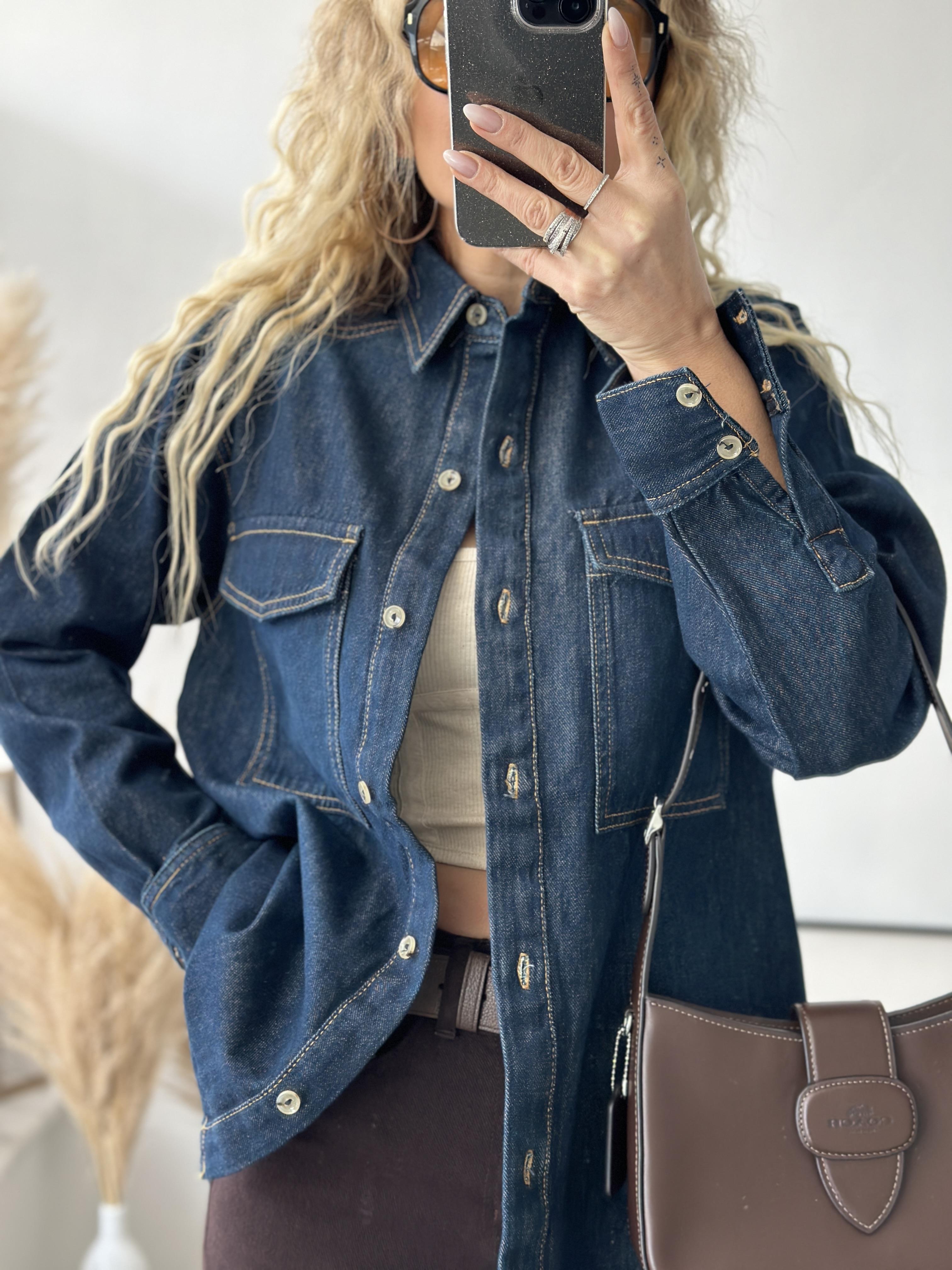 Koyu Mavi Çift Cepli Denim Gömlek