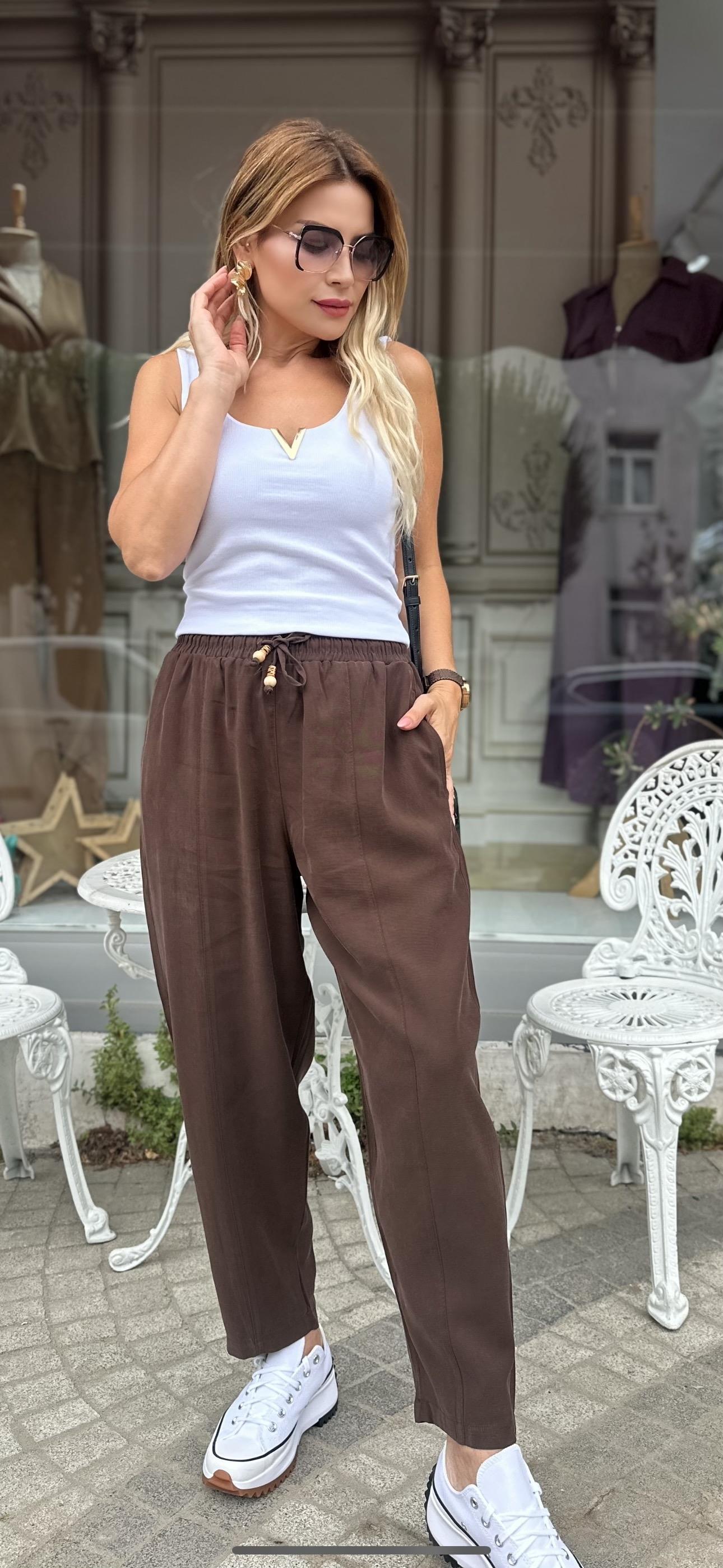 KR Kahverengi Beli Lastikli Dokuma Pantolon 
