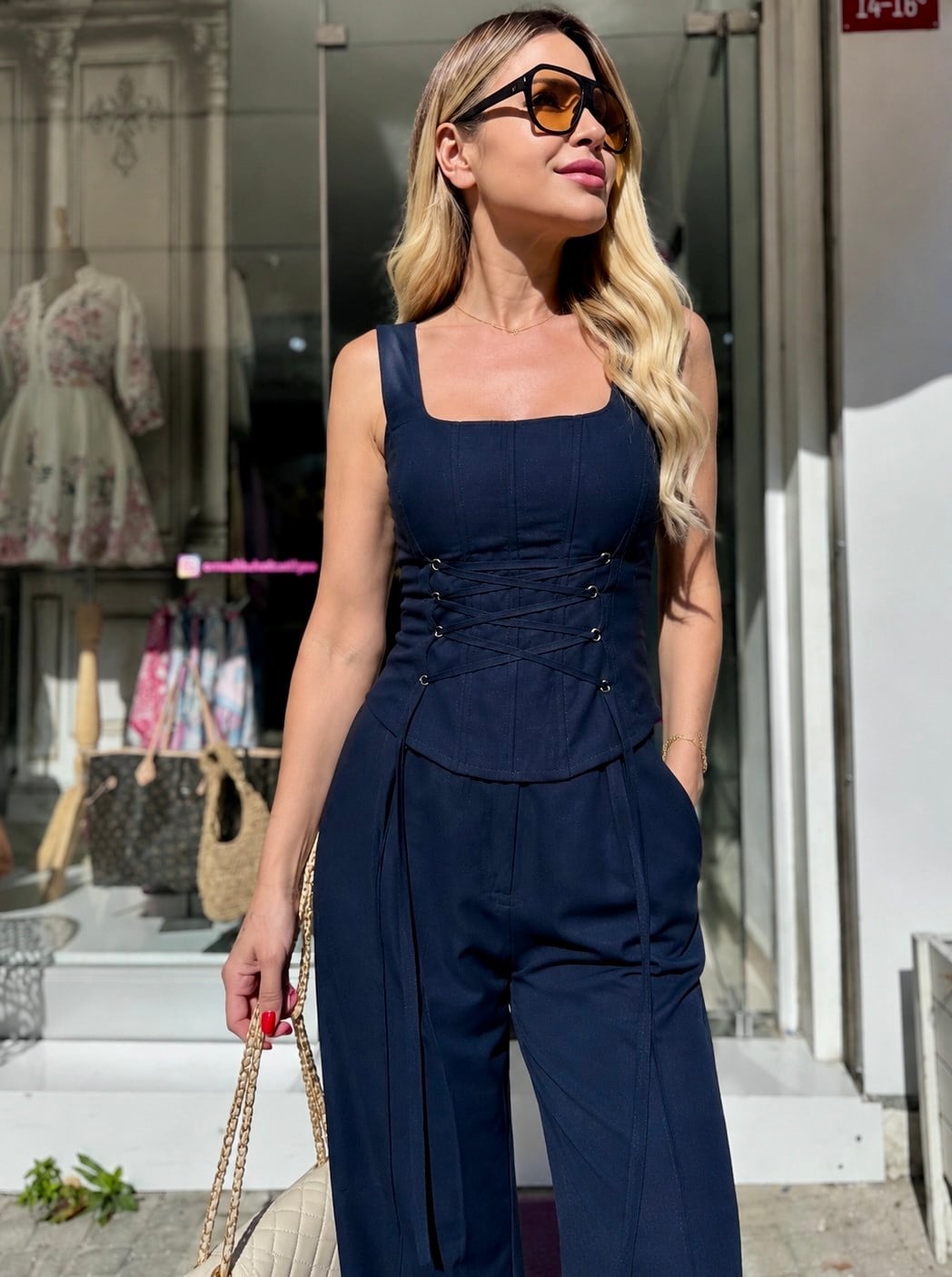 Lacivert Bağcıklı Korse Bluz Pantolon Takım 
