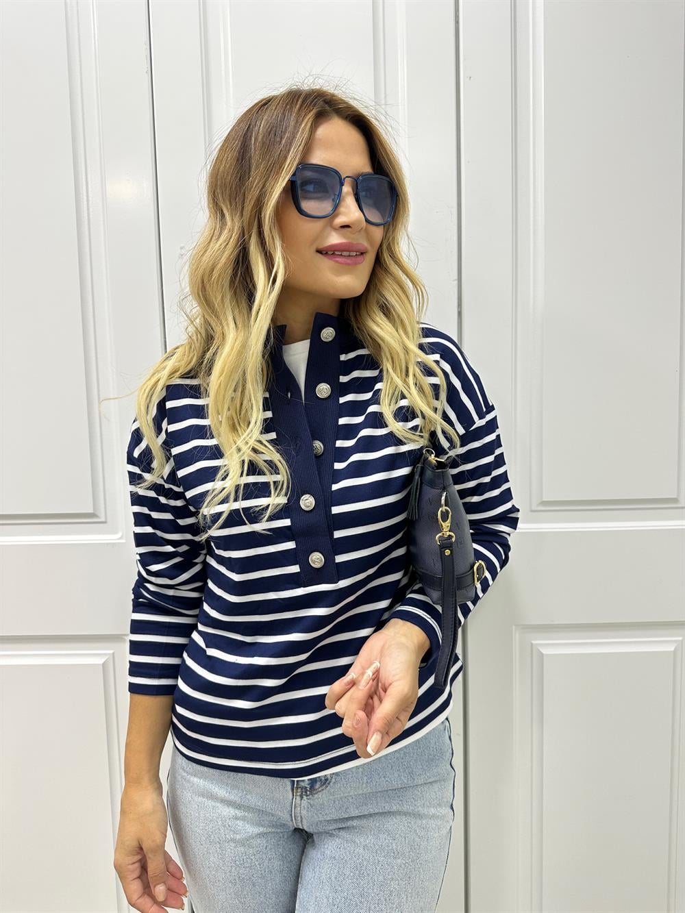 Lacivert Çizgili Düğme Detaylı Sweat