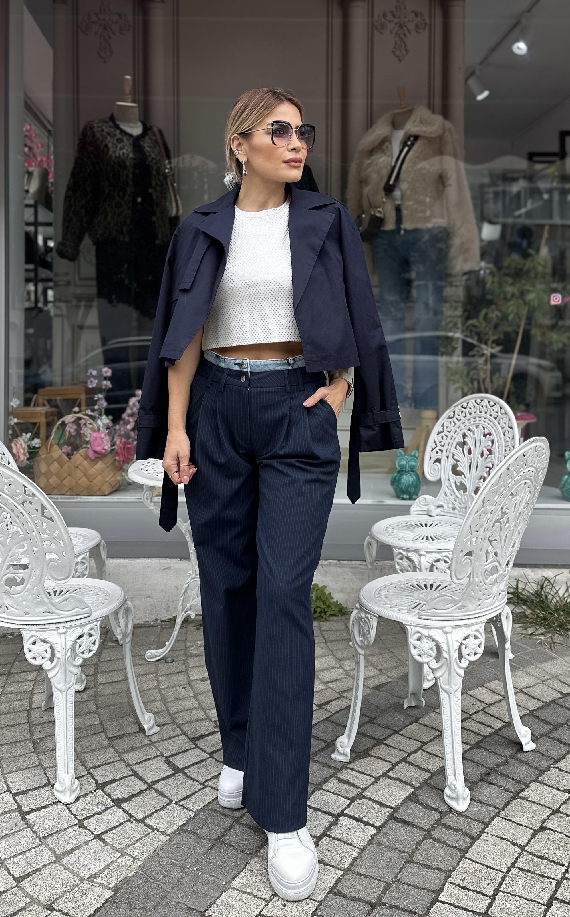 Lacivert Denim Bel Detay Pantolon