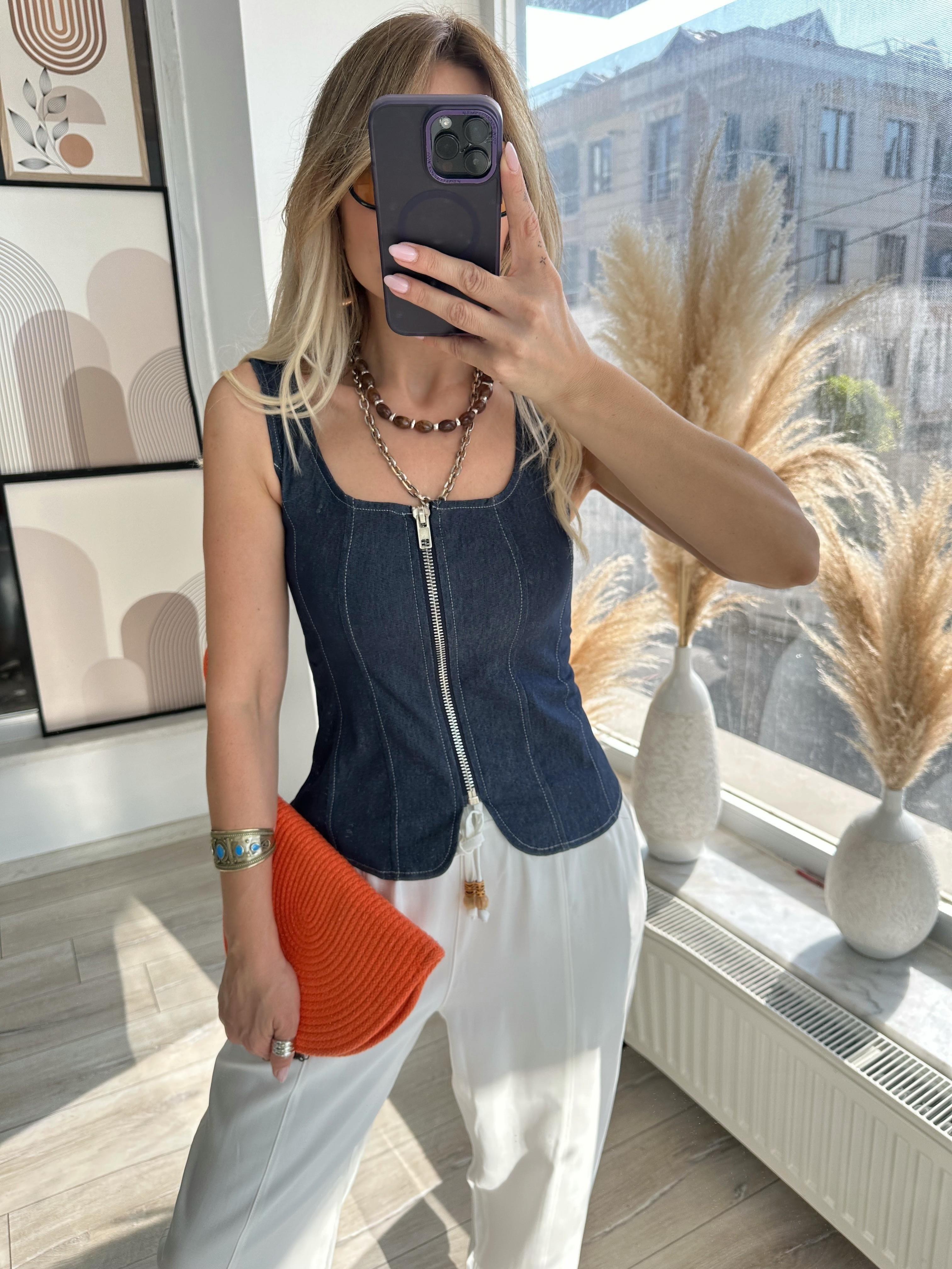 Lacivert Denim Fermuarlı Yelek