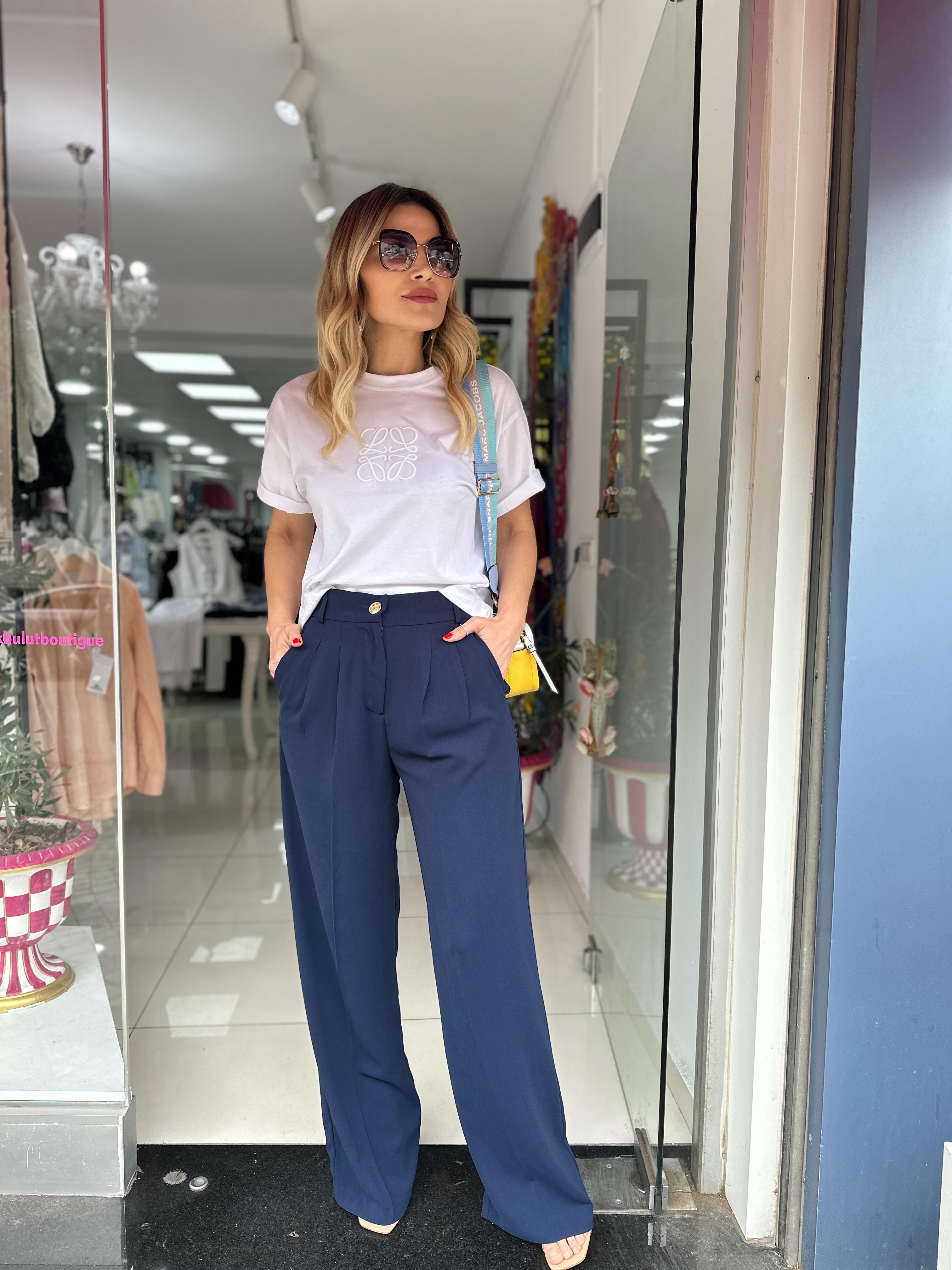 Lacivert Gold Düğme Detaylı Palazzo
