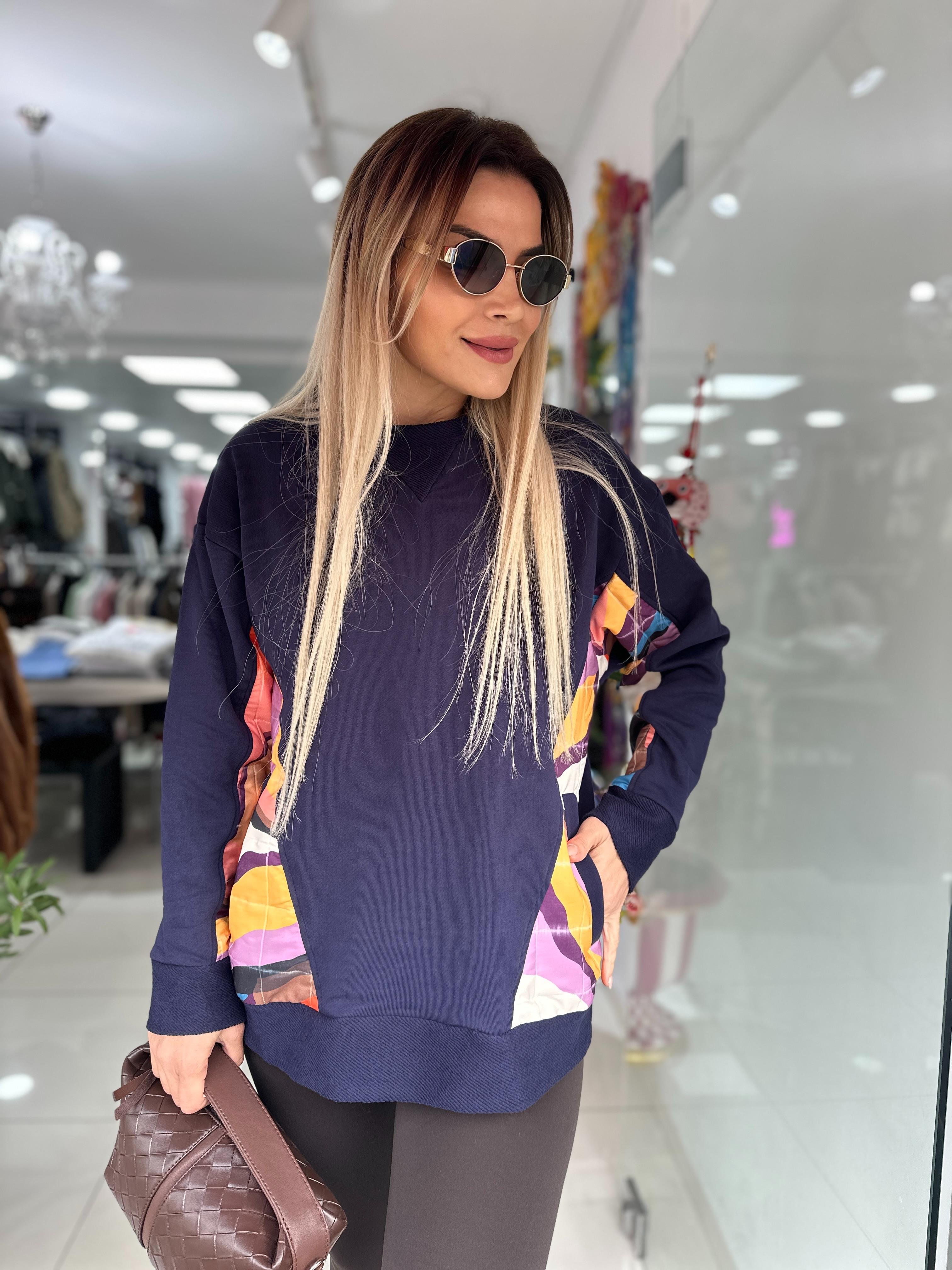 Lacivert Kapitone Detaylı Tasarım Sweat 