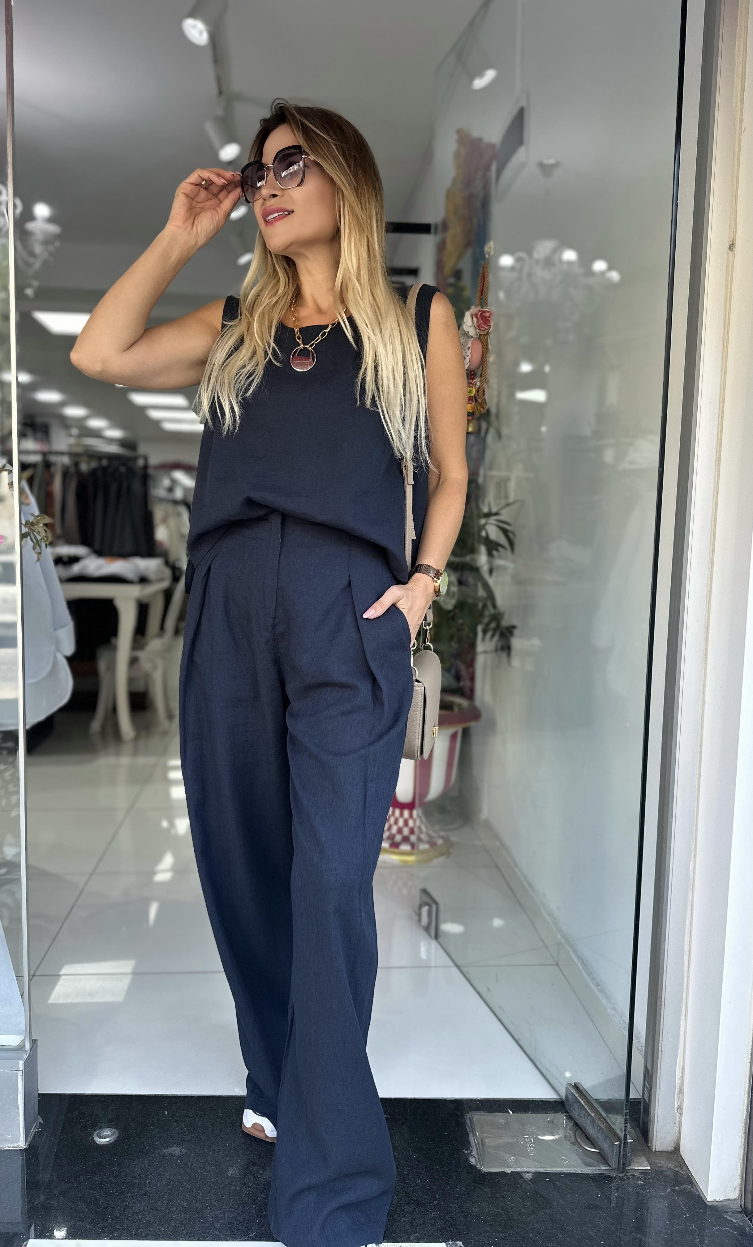 Lacivert Keten Bluz Pantolon Takım 