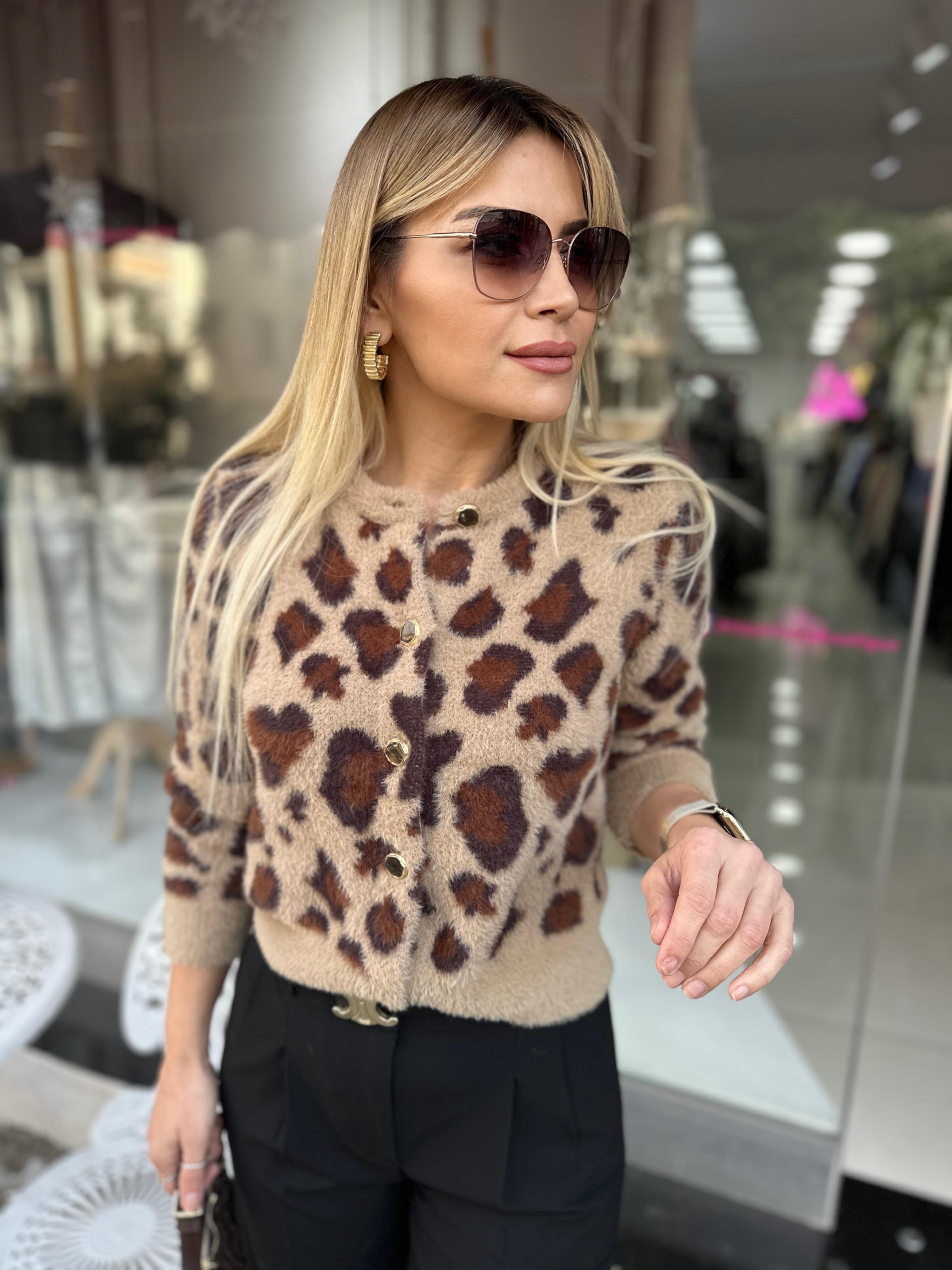 Leopar Desenli Triko Hırka 