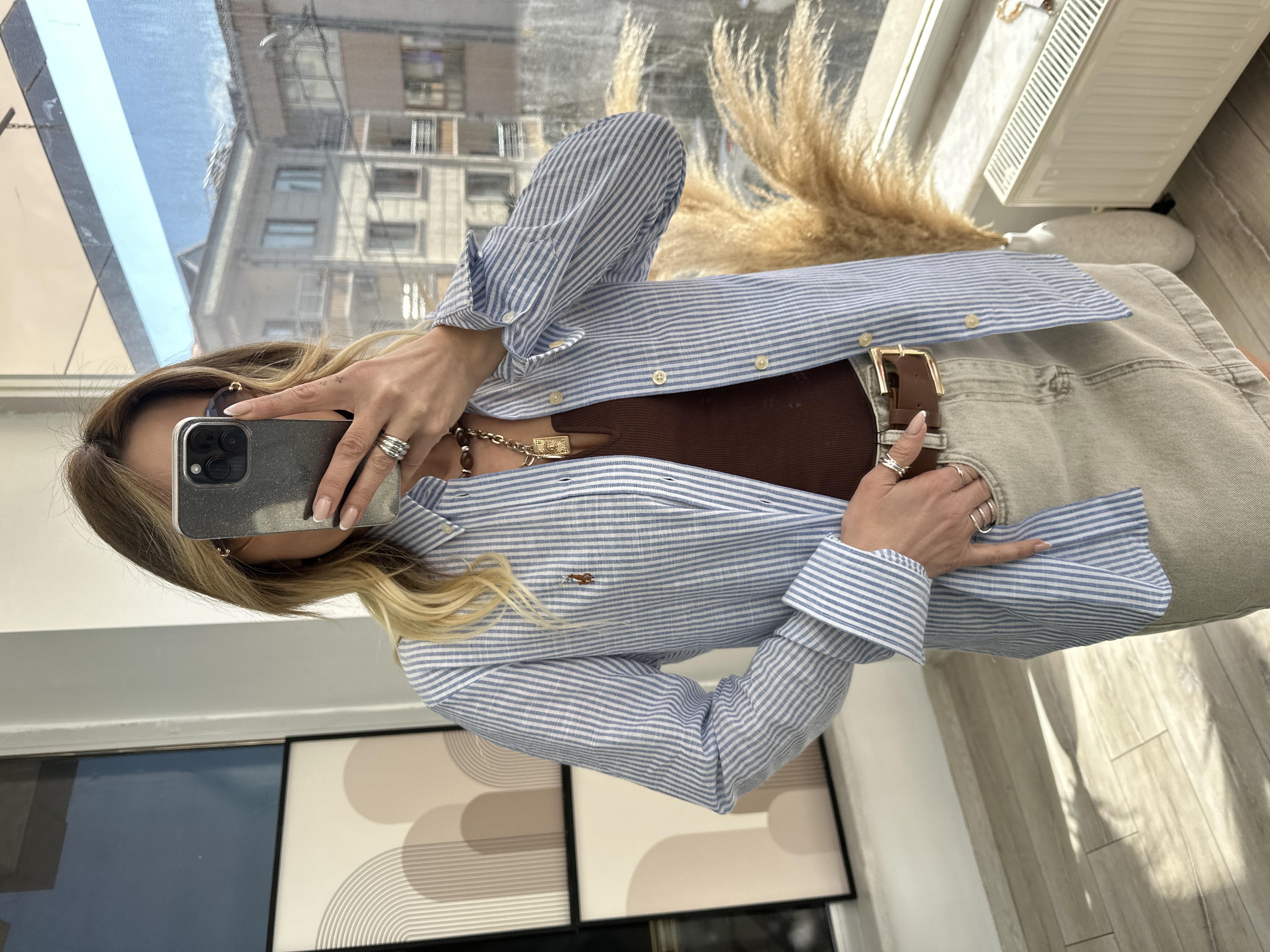 Mavi Çizgili Keten Gömlek 