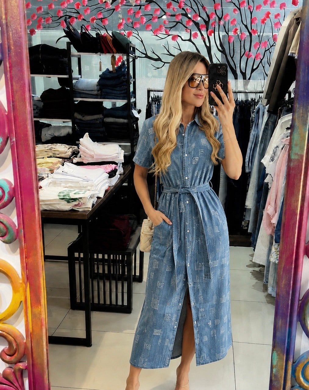 Mavi İp Detaylı Denim Gömlek Elbise