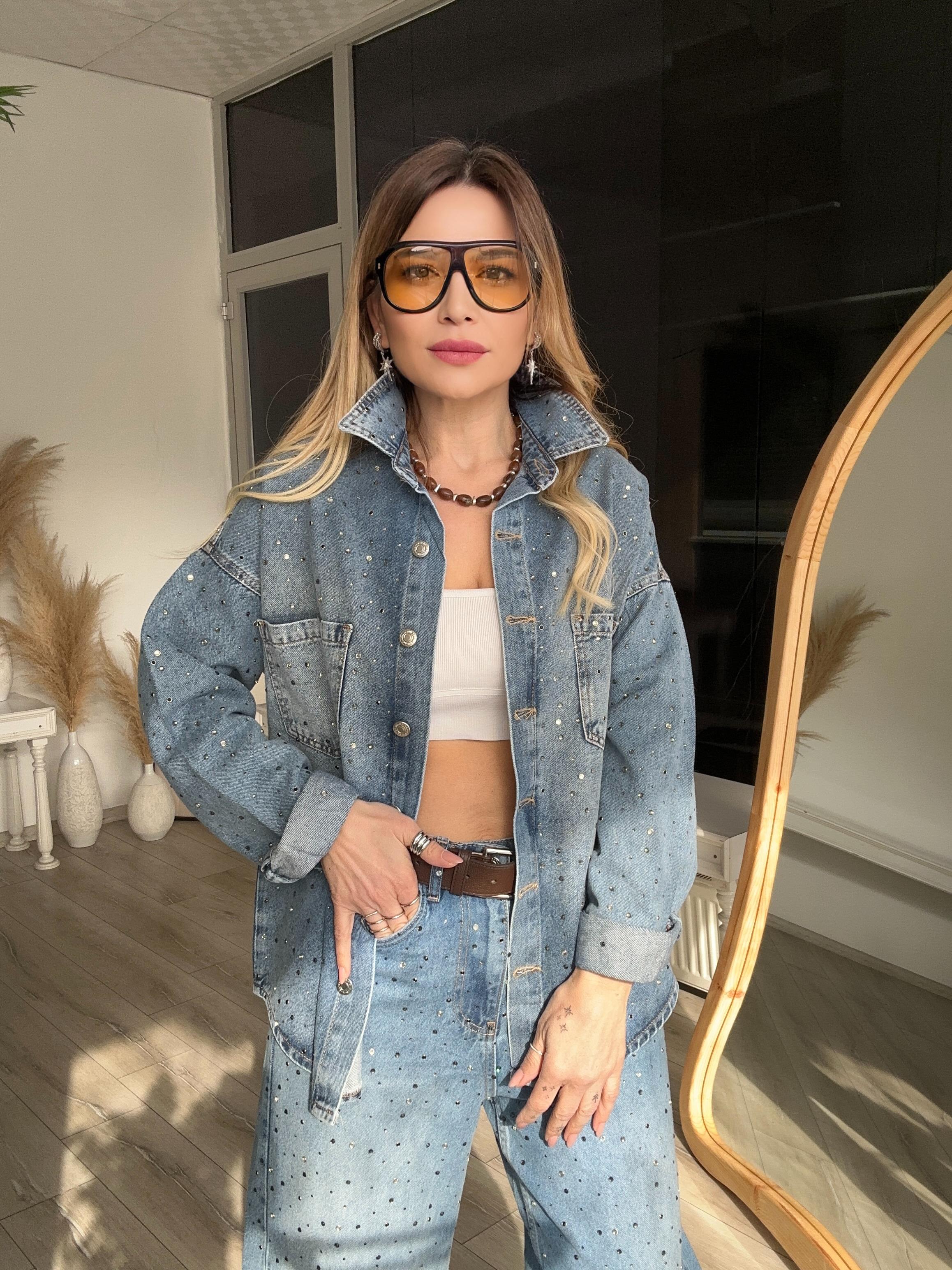 Mavi Taş Detaylı Tensel Denim Ceket