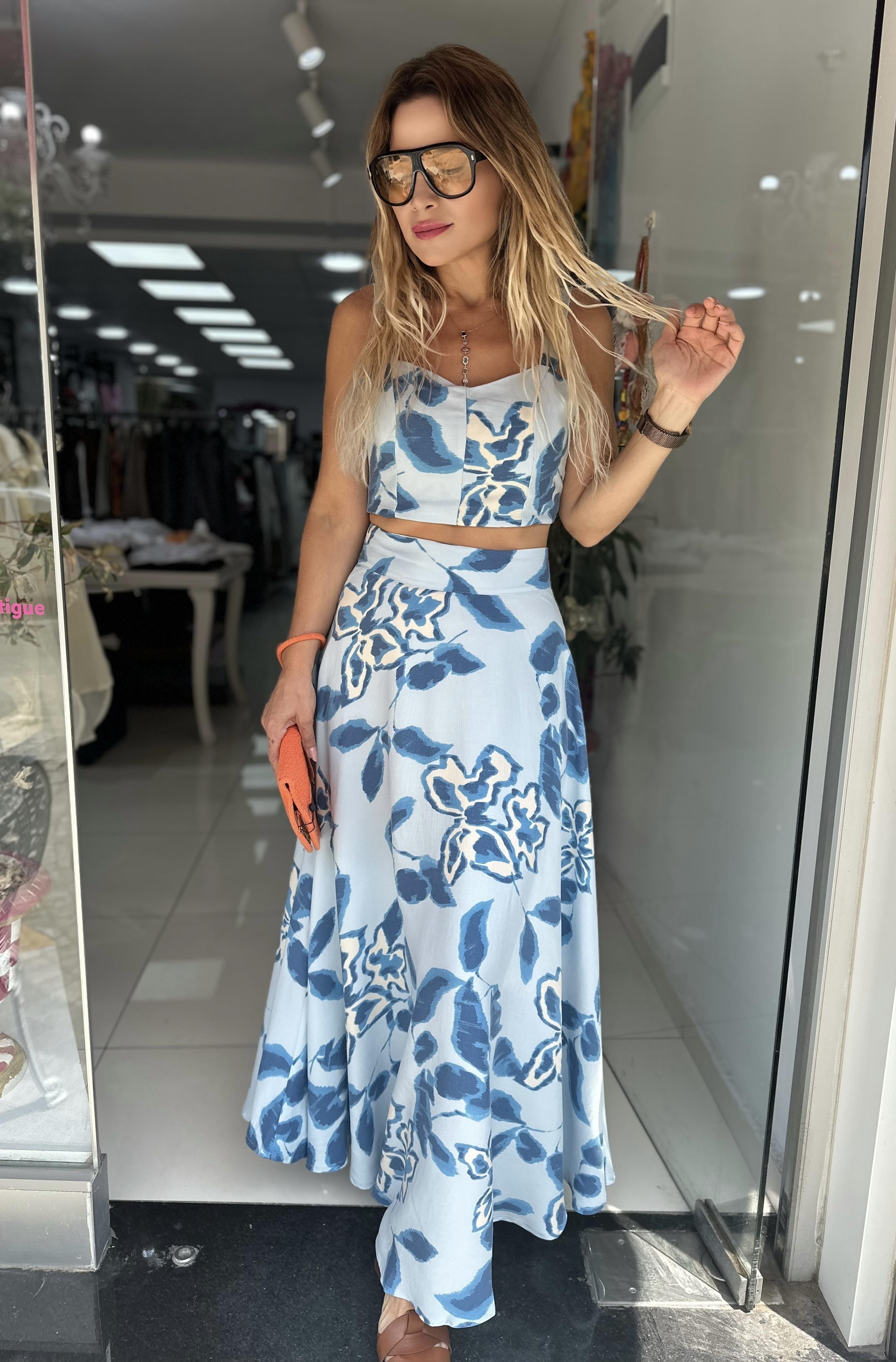 Mavi Tensel Kumaş Crop Etek Takım 