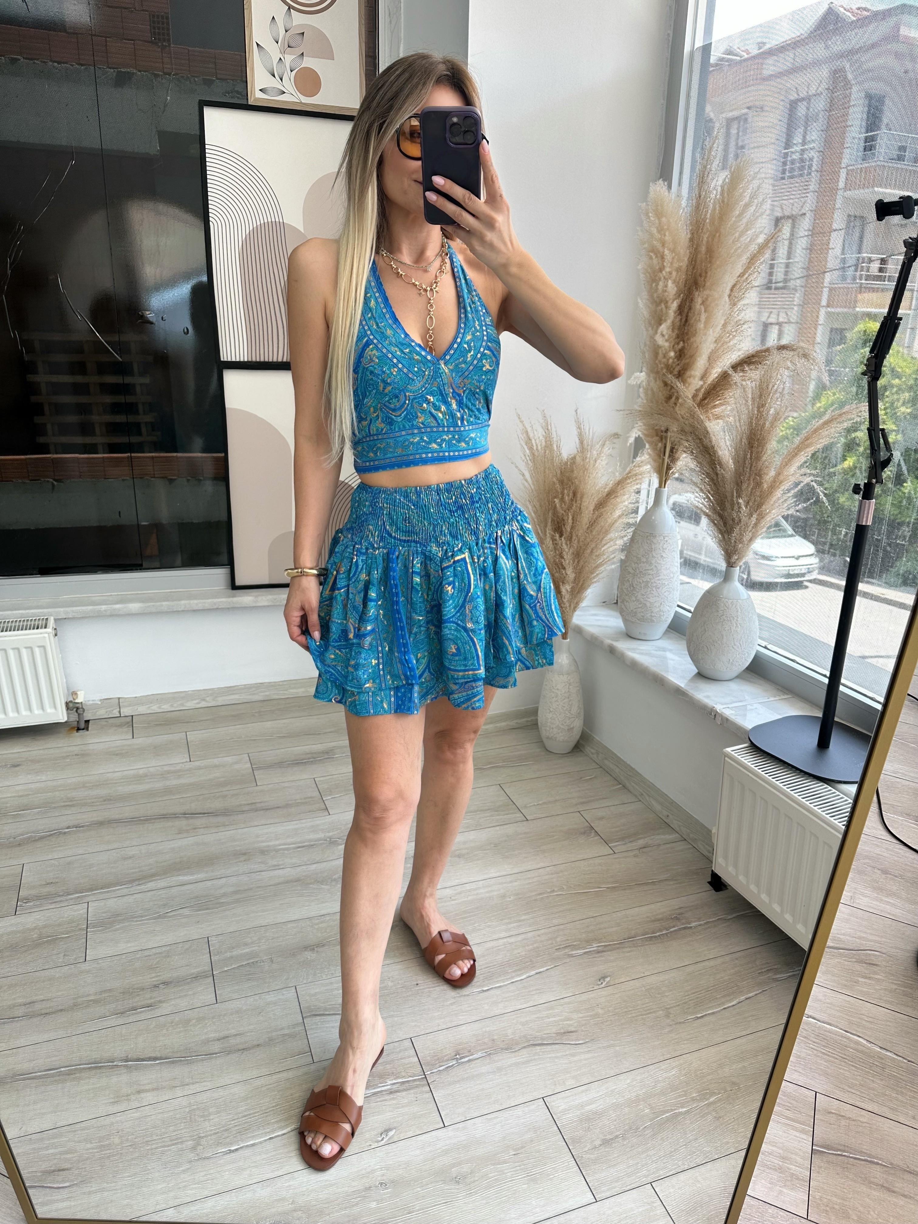 Mint İpek Saten Desenli Etek Bluz Takım
