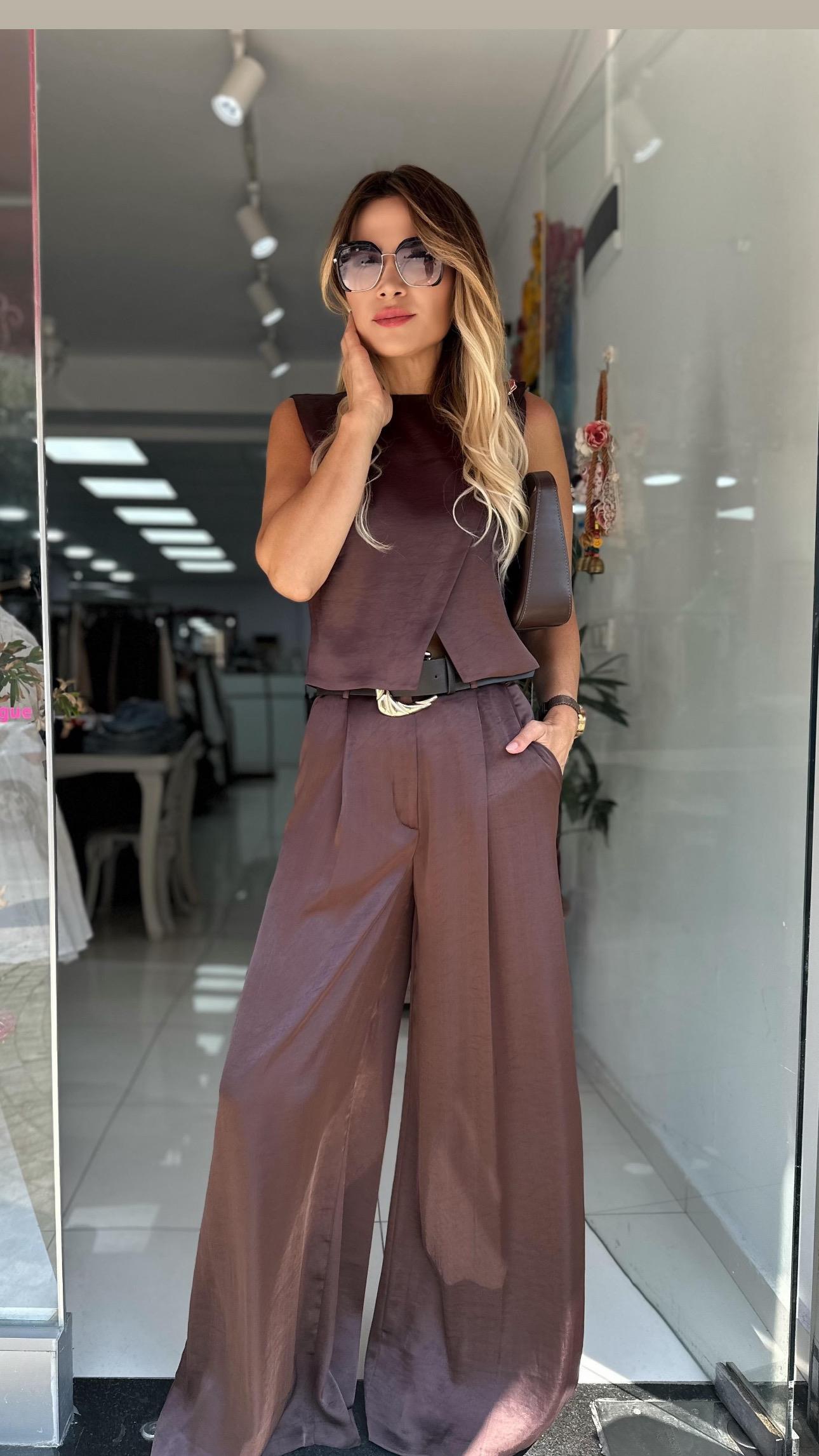Mocha Kahve Saten Kemer Detaylı  İkili Takım